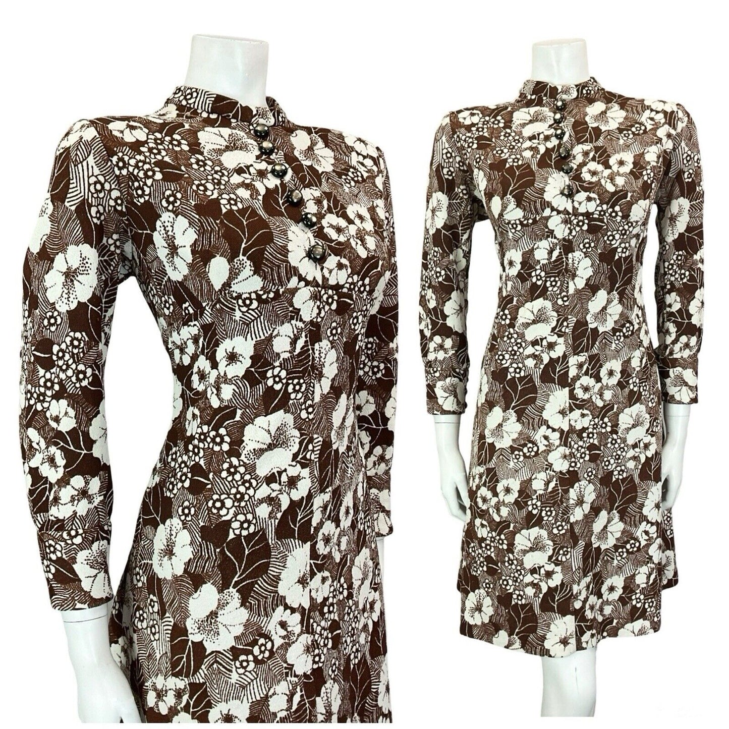 VTG 60S BROWN WHITE MOD EMPIRE FLORAL TUNIC LONG SLEEVE MINI DRESS M 12 14
