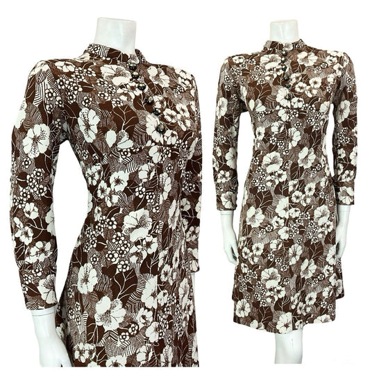 VTG 60S BROWN WHITE MOD EMPIRE FLORAL TUNIC LONG SLEEVE MINI DRESS M 12 14