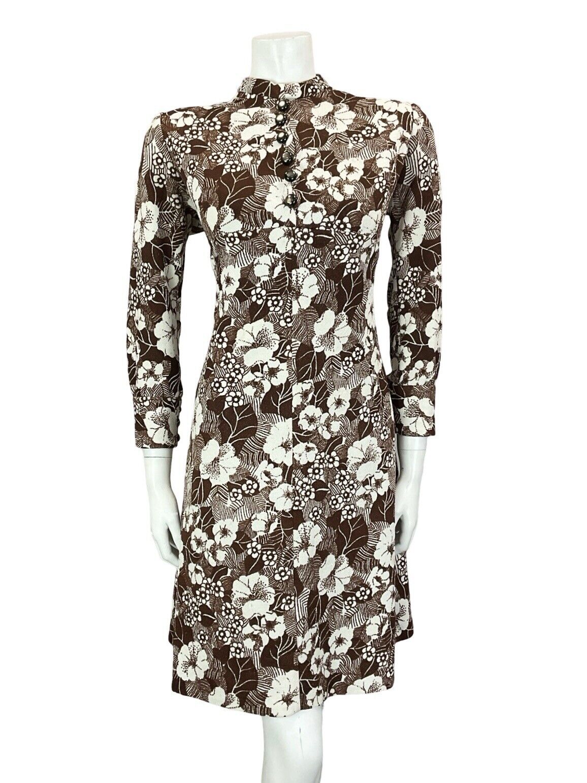 VTG 60S BROWN WHITE MOD EMPIRE FLORAL TUNIC LONG SLEEVE MINI DRESS M 12 14