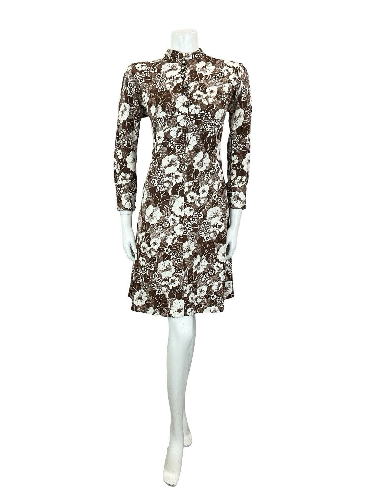 VTG 60S BROWN WHITE MOD EMPIRE FLORAL TUNIC LONG SLEEVE MINI DRESS M 12 14