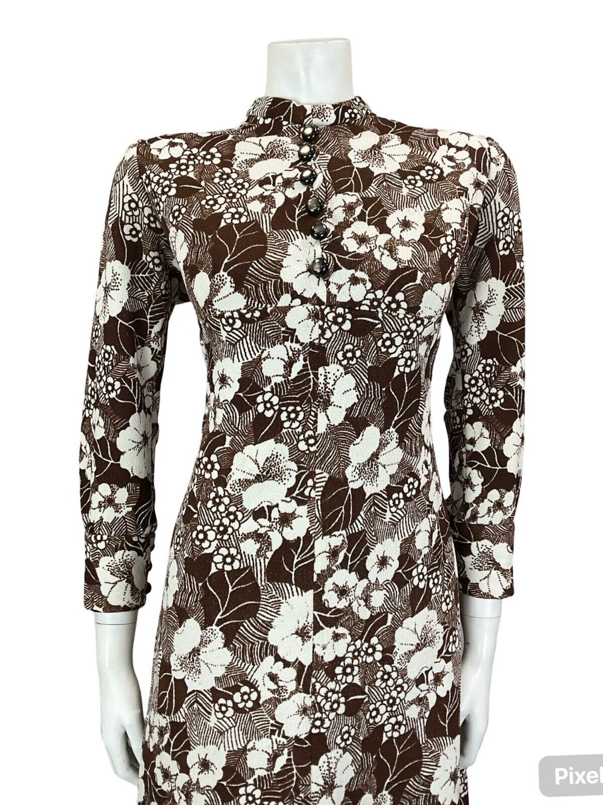 VTG 60S BROWN WHITE MOD EMPIRE FLORAL TUNIC LONG SLEEVE MINI DRESS M 12 14
