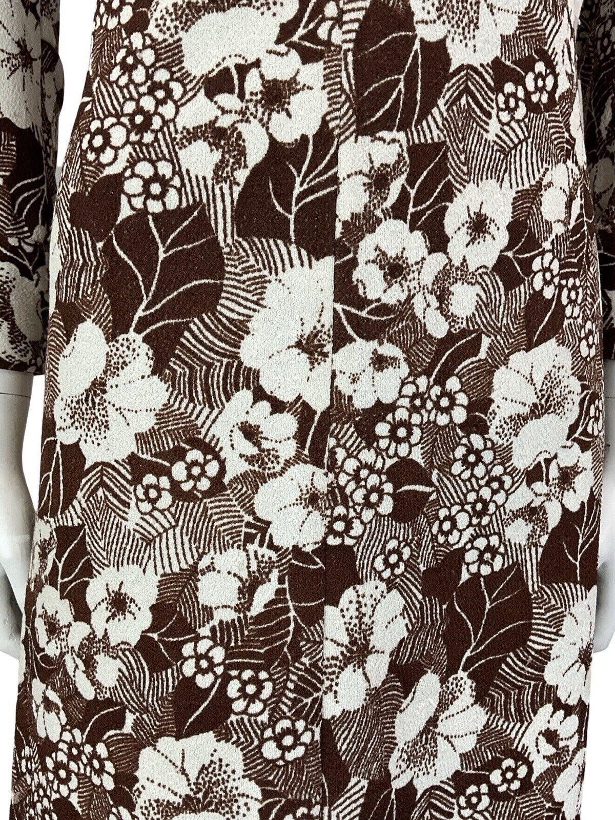VTG 60S BROWN WHITE MOD EMPIRE FLORAL TUNIC LONG SLEEVE MINI DRESS M 12 14