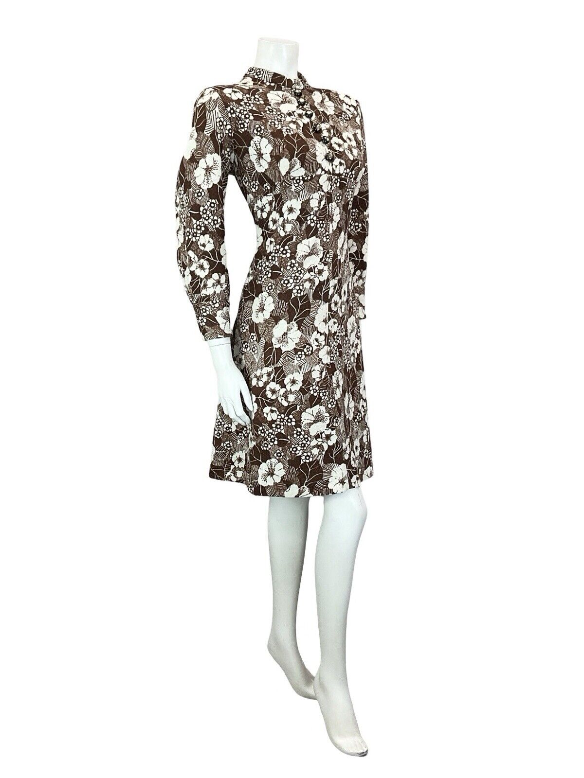 VTG 60S BROWN WHITE MOD EMPIRE FLORAL TUNIC LONG SLEEVE MINI DRESS M 12 14