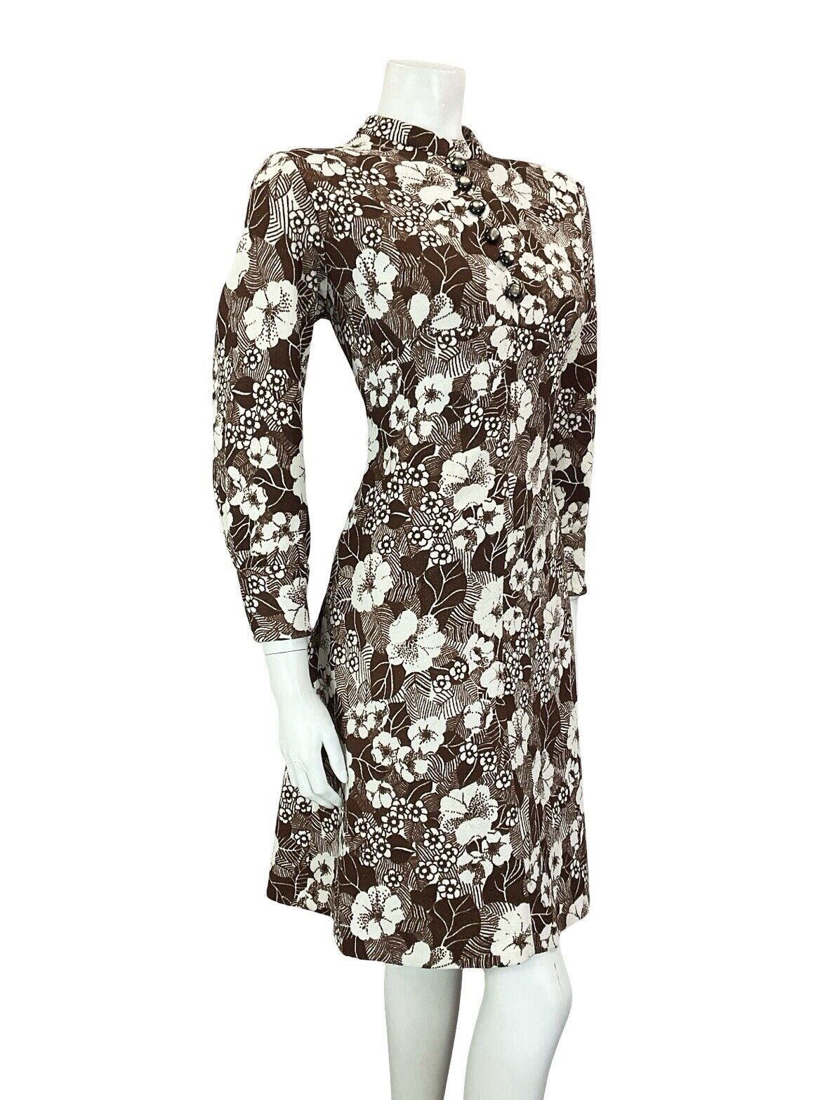 VTG 60S BROWN WHITE MOD EMPIRE FLORAL TUNIC LONG SLEEVE MINI DRESS M 12 14