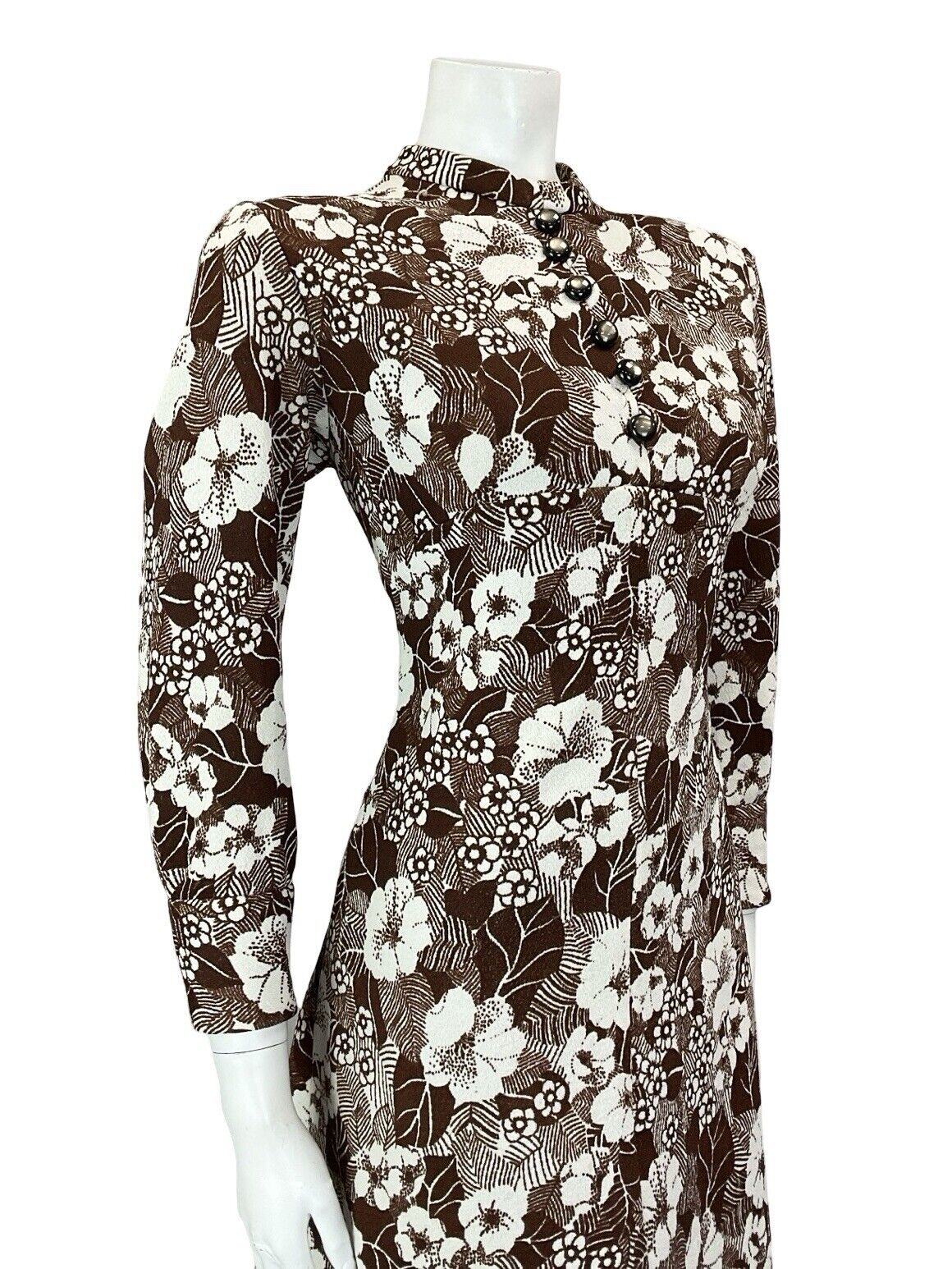 VTG 60S BROWN WHITE MOD EMPIRE FLORAL TUNIC LONG SLEEVE MINI DRESS M 12 14