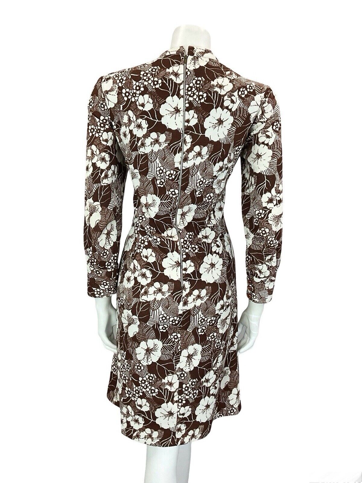 VTG 60S BROWN WHITE MOD EMPIRE FLORAL TUNIC LONG SLEEVE MINI DRESS M 12 14