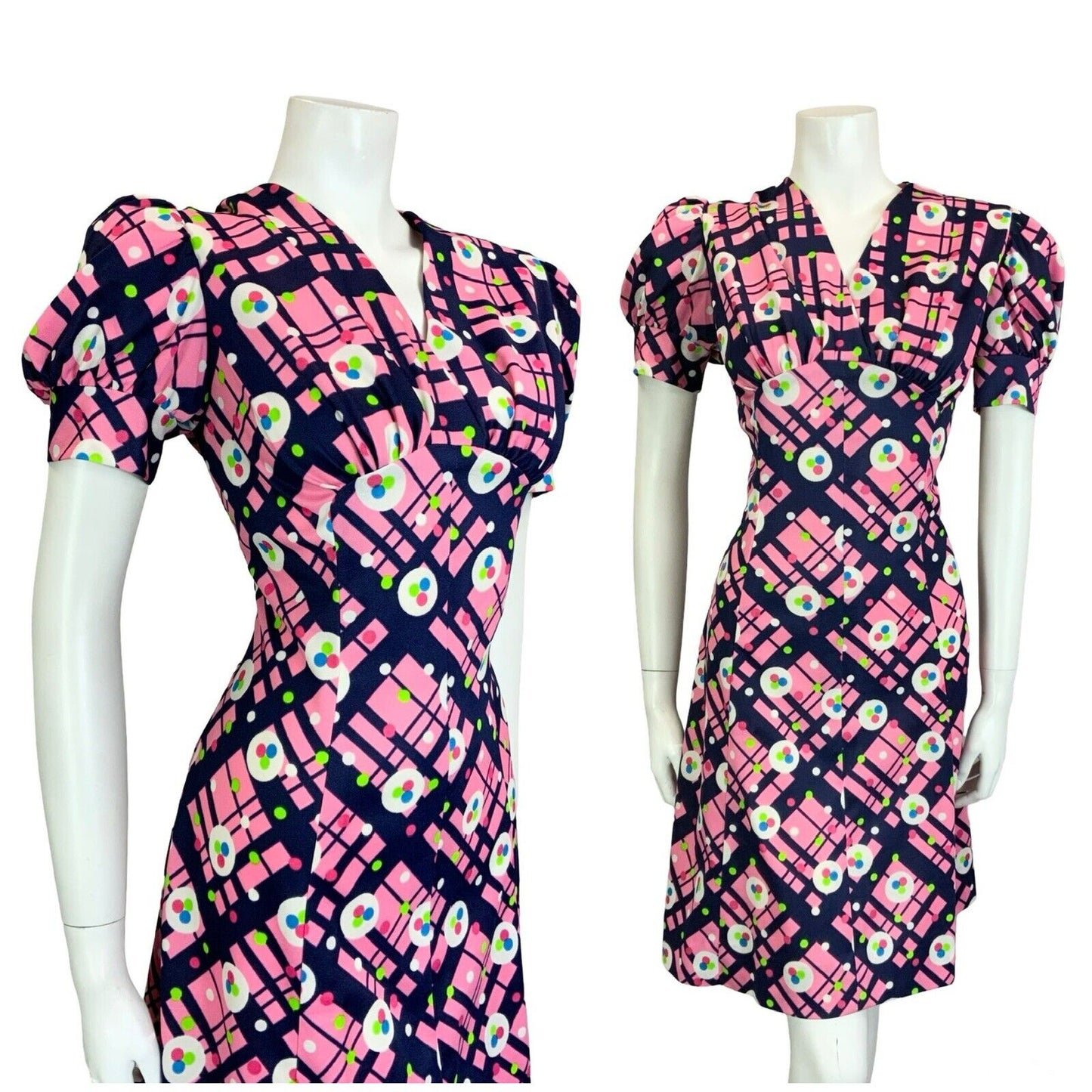 VTG 60S 70S PINK BLUE WHITE GEOMETRIC PUFF SLEEVE V NECK FITTED MINI DRESS 14
