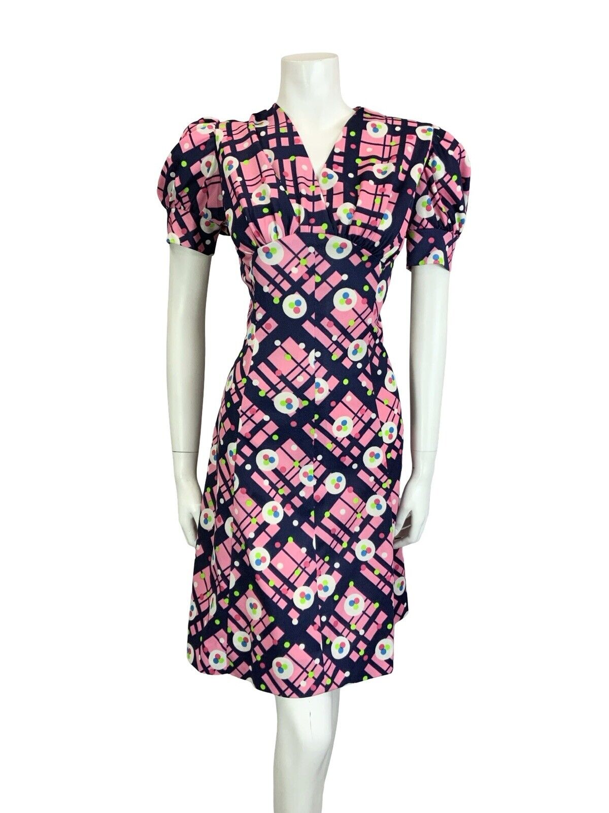 VTG 60S 70S PINK BLUE WHITE GEOMETRIC PUFF SLEEVE V NECK FITTED MINI DRESS 14