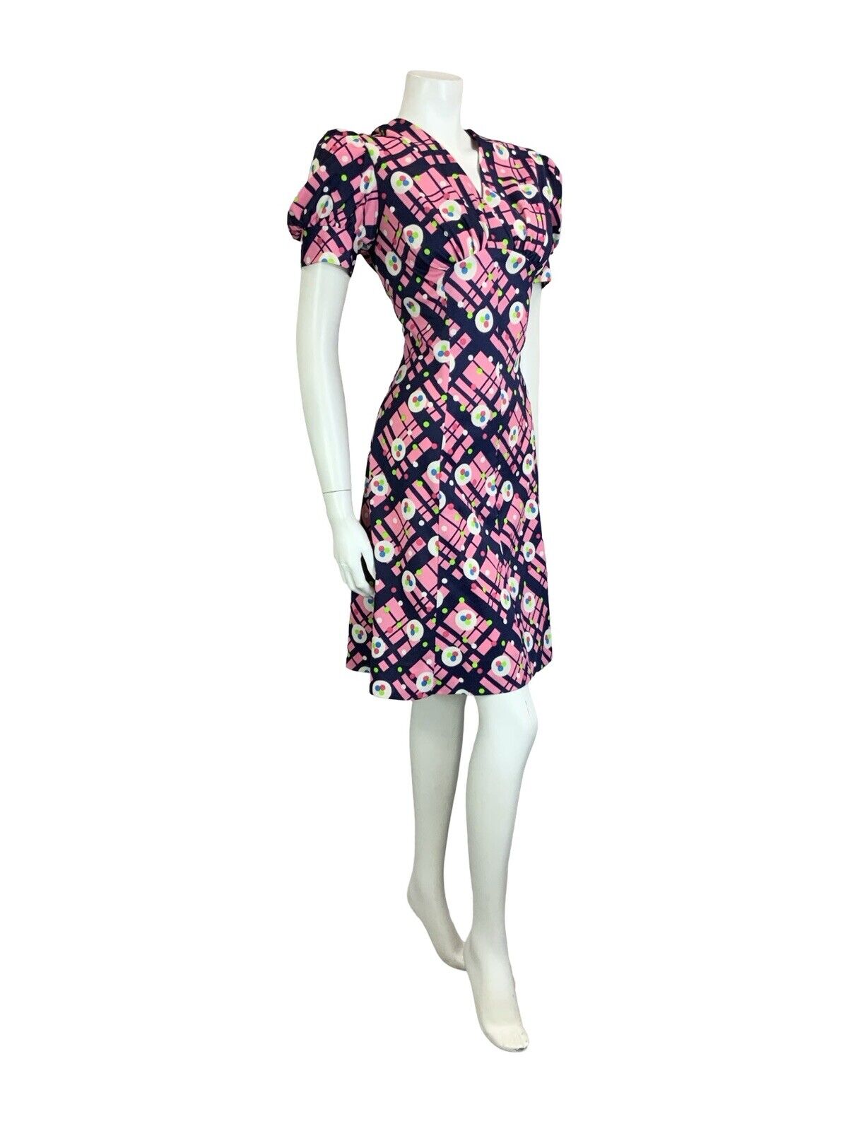 VTG 60S 70S PINK BLUE WHITE GEOMETRIC PUFF SLEEVE V NECK FITTED MINI DRESS 14