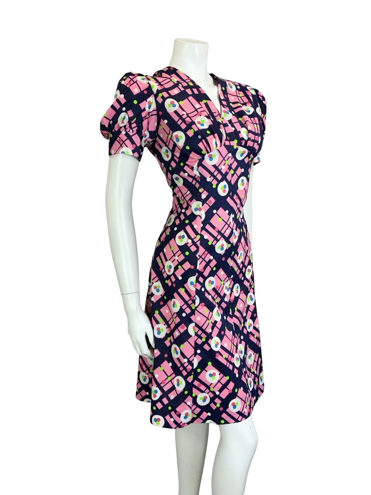VTG 60S 70S PINK BLUE WHITE GEOMETRIC PUFF SLEEVE V NECK FITTED MINI DRESS 14