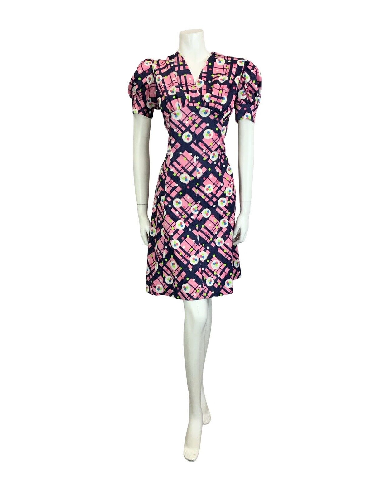 VTG 60S 70S PINK BLUE WHITE GEOMETRIC PUFF SLEEVE V NECK FITTED MINI DRESS 14