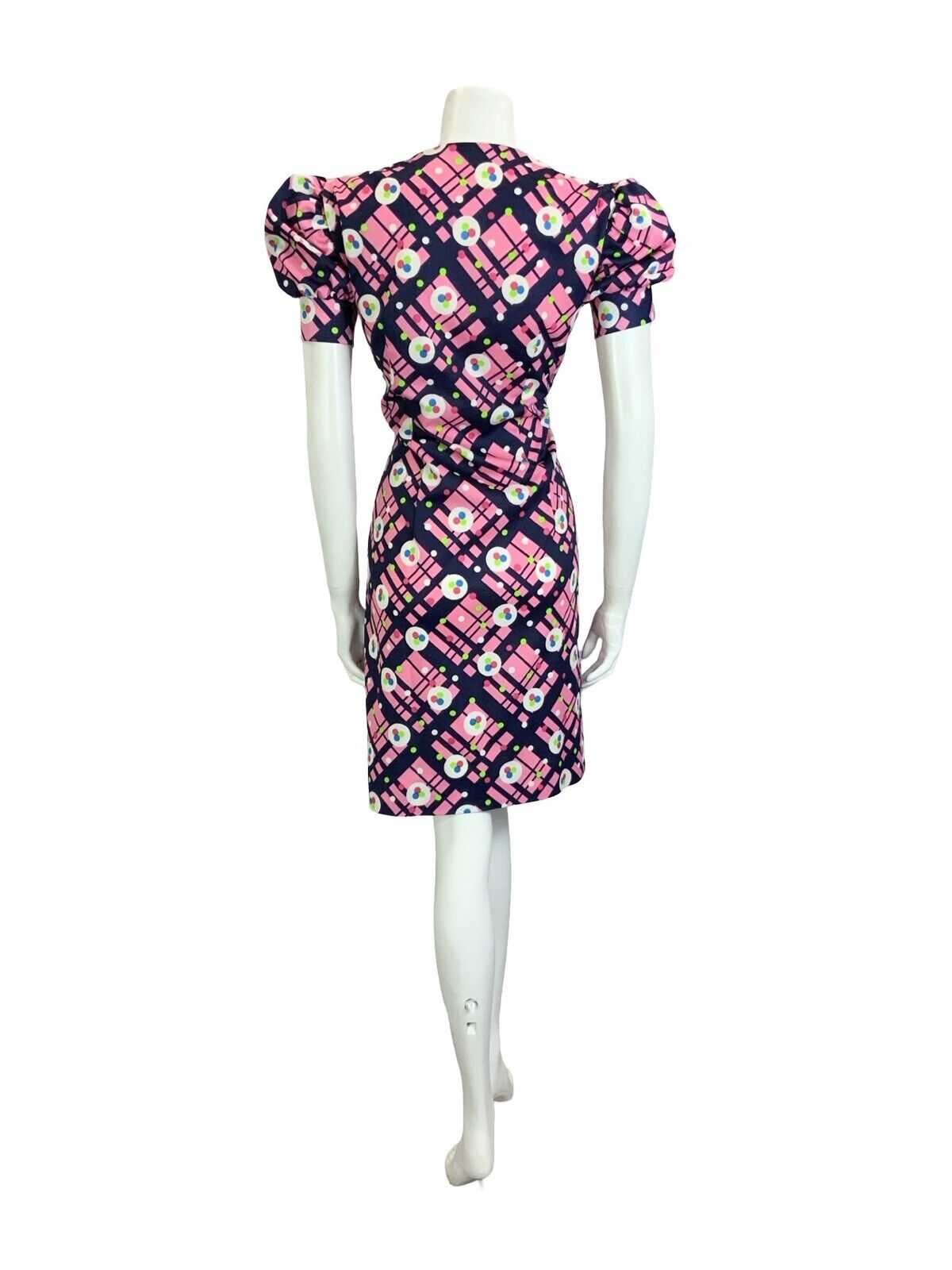 VTG 60S 70S PINK BLUE WHITE GEOMETRIC PUFF SLEEVE V NECK FITTED MINI DRESS 14