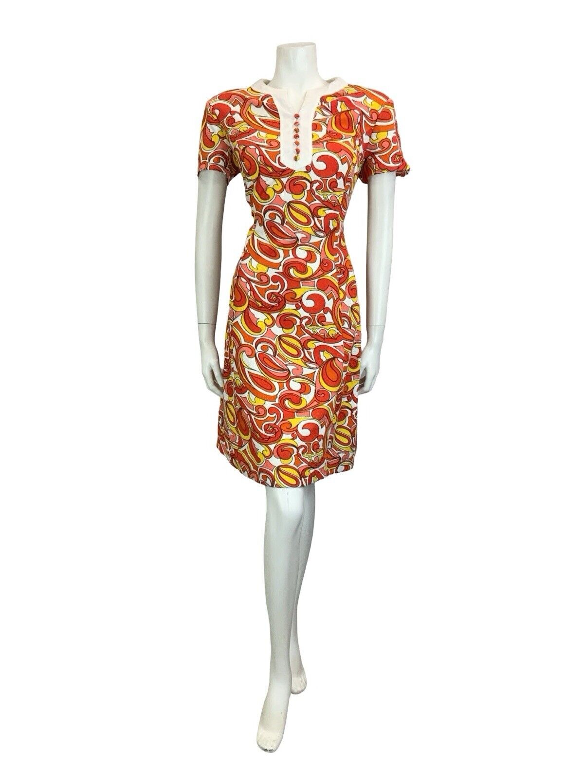 VTG 60S MOD SCOOTER GOGO WHITE RED YELLOW PSYCHEDELIC WIGGLE DRESS M 12 14