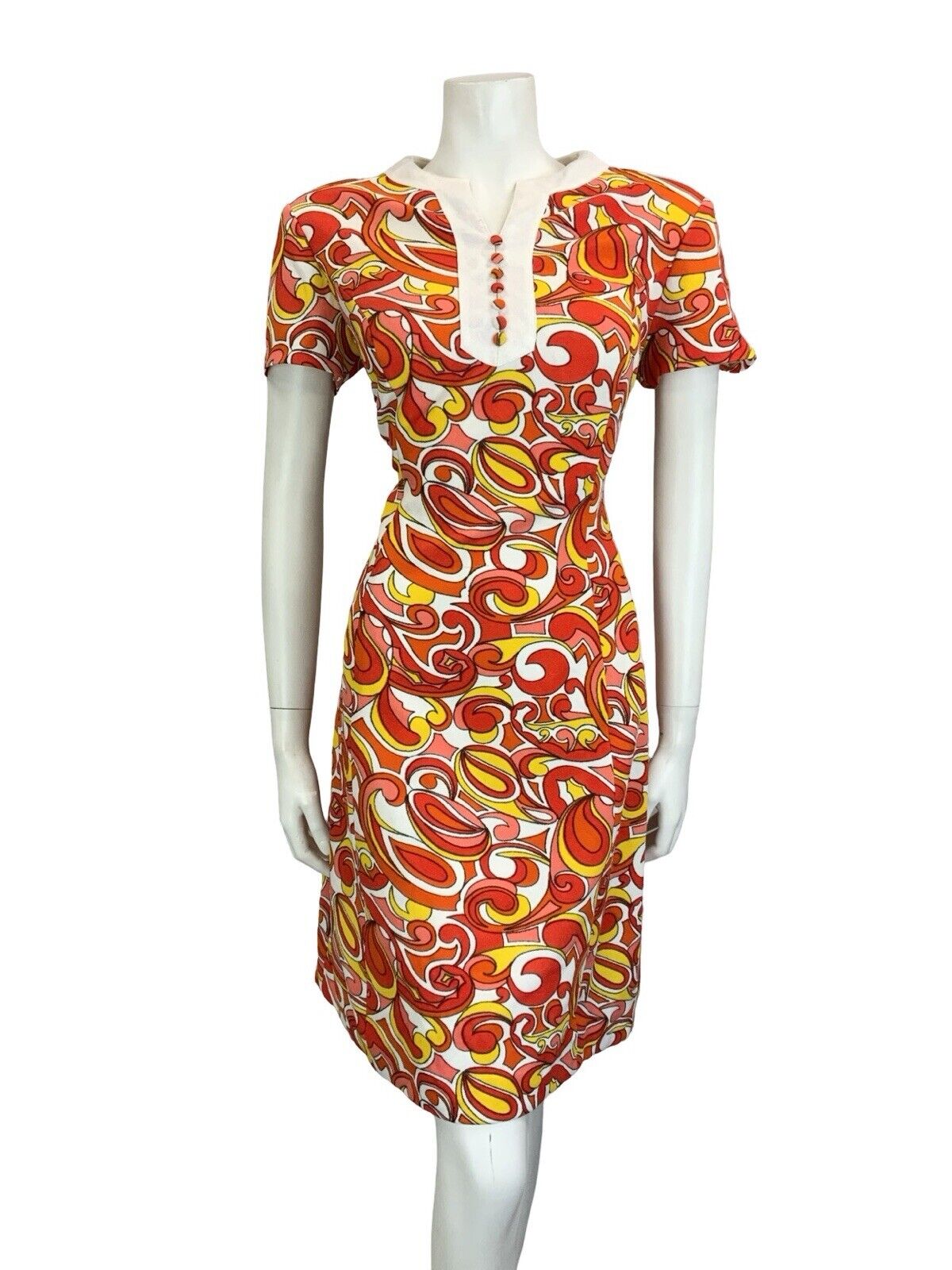 VTG 60S MOD SCOOTER GOGO WHITE RED YELLOW PSYCHEDELIC WIGGLE DRESS M 12 14