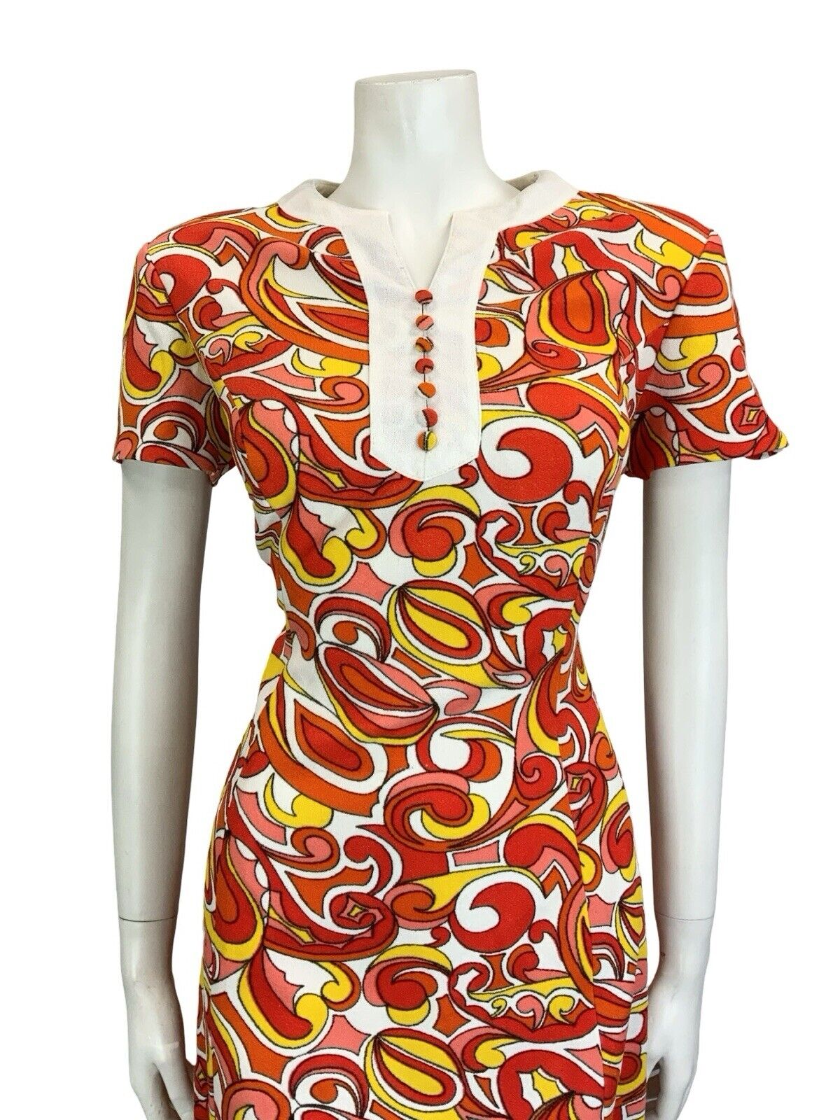 VTG 60S MOD SCOOTER GOGO WHITE RED YELLOW PSYCHEDELIC WIGGLE DRESS M 12 14