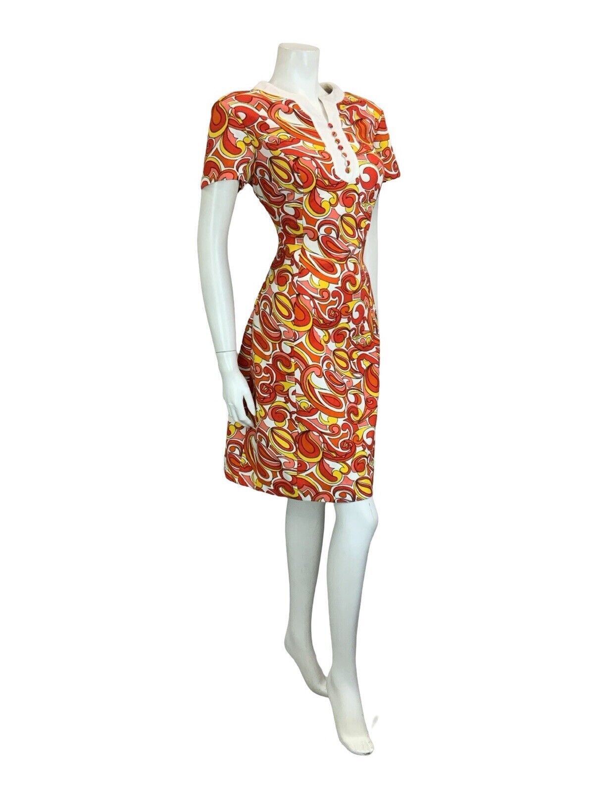 VTG 60S MOD SCOOTER GOGO WHITE RED YELLOW PSYCHEDELIC WIGGLE DRESS M 12 14