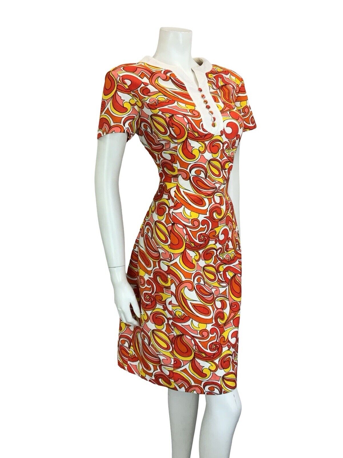 VTG 60S MOD SCOOTER GOGO WHITE RED YELLOW PSYCHEDELIC WIGGLE DRESS M 12 14