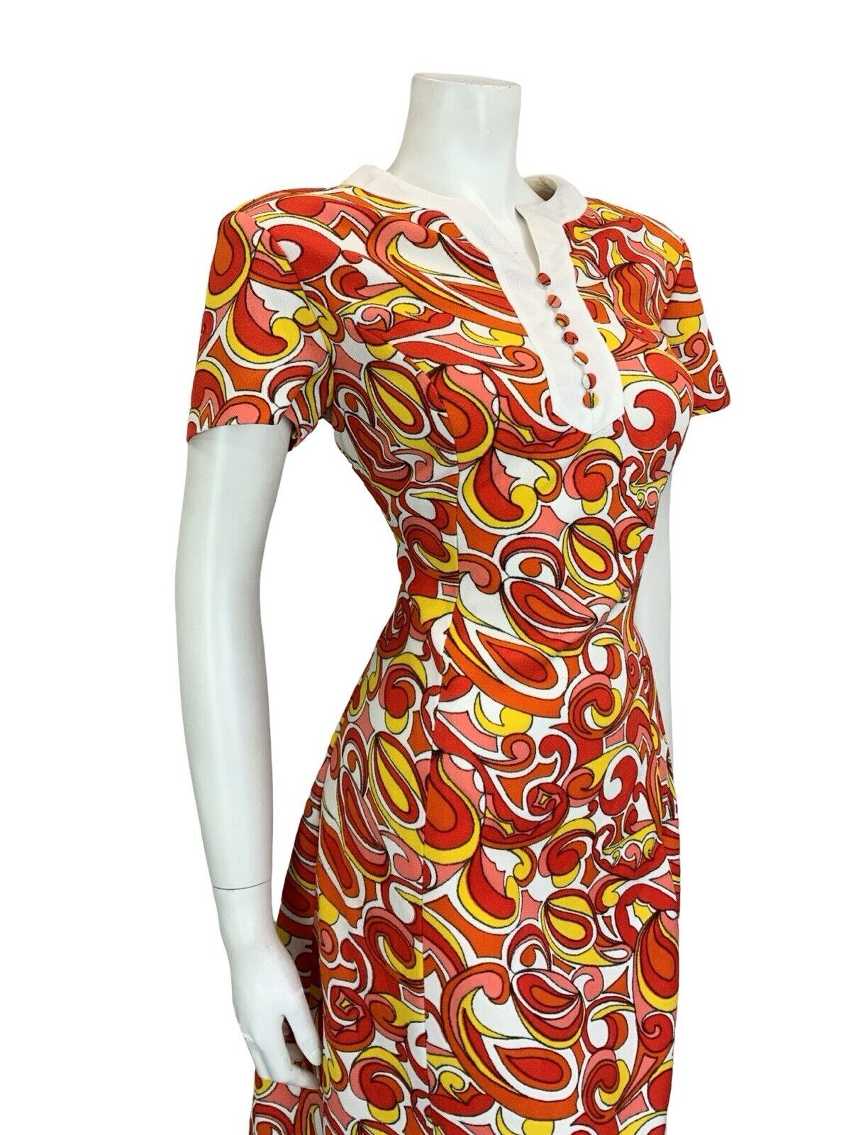 VTG 60S MOD SCOOTER GOGO WHITE RED YELLOW PSYCHEDELIC WIGGLE DRESS M 12 14