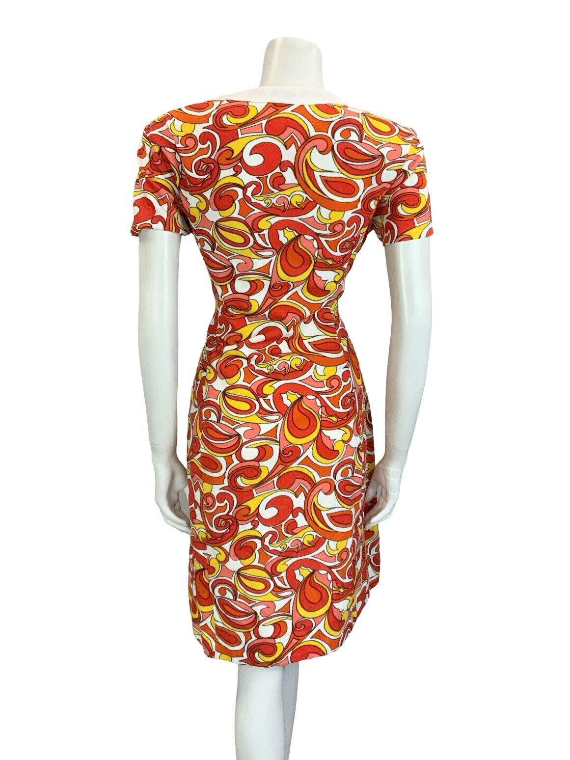 VTG 60S MOD SCOOTER GOGO WHITE RED YELLOW PSYCHEDELIC WIGGLE DRESS M 12 14