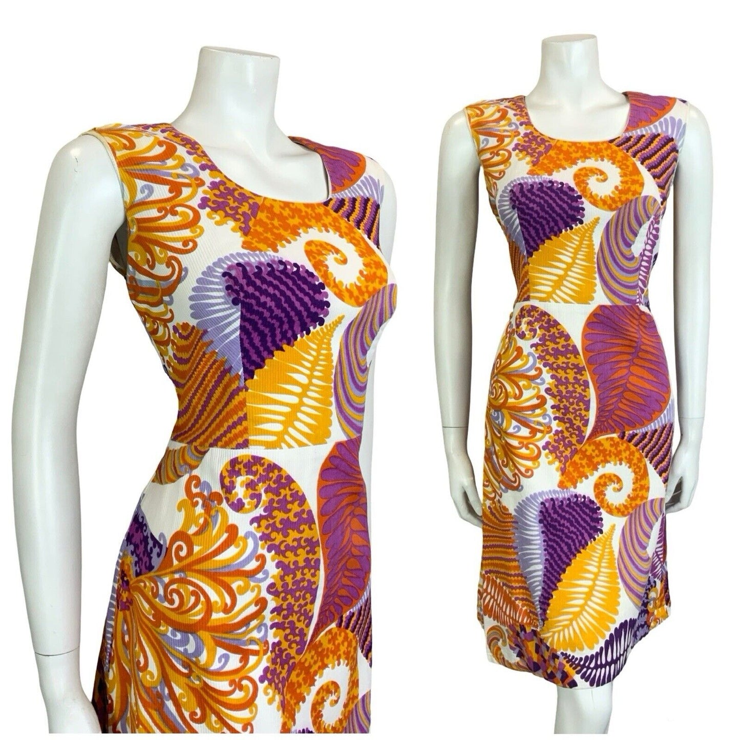 VTG 60S 70S WHITE ORANGE PURPLE FLORAL PSYCHEDELIC LEAF SLEEVELESS MINI DRESS 10