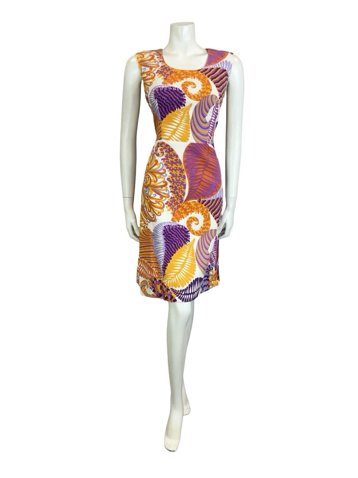 VTG 60S 70S WHITE ORANGE PURPLE FLORAL PSYCHEDELIC LEAF SLEEVELESS MINI DRESS 10