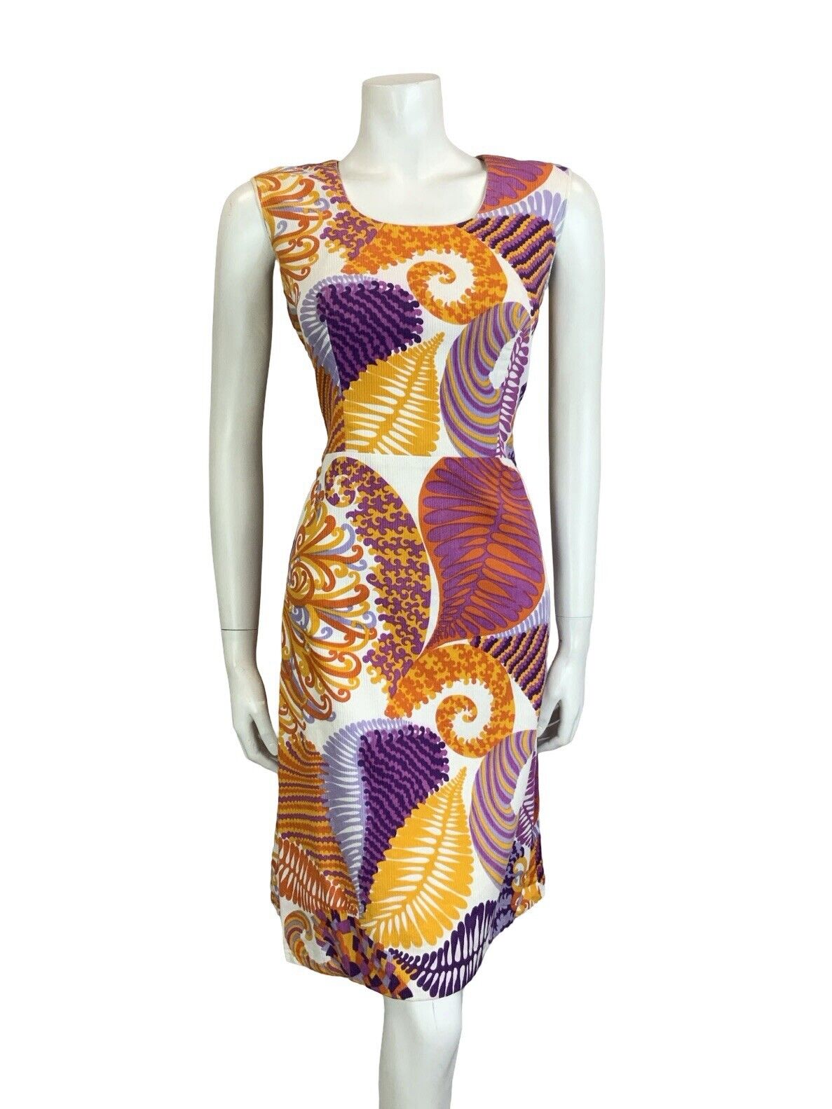 VTG 60S 70S WHITE ORANGE PURPLE FLORAL PSYCHEDELIC LEAF SLEEVELESS MINI DRESS 10