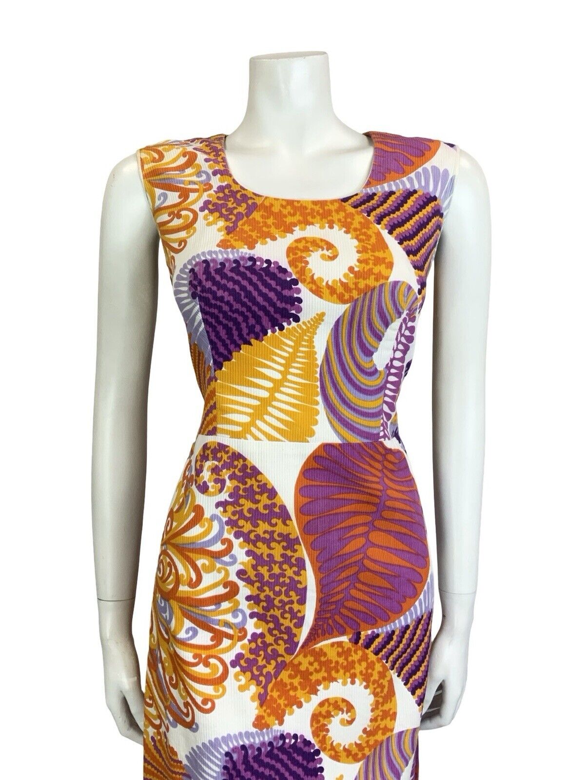 VTG 60S 70S WHITE ORANGE PURPLE FLORAL PSYCHEDELIC LEAF SLEEVELESS MINI DRESS 10