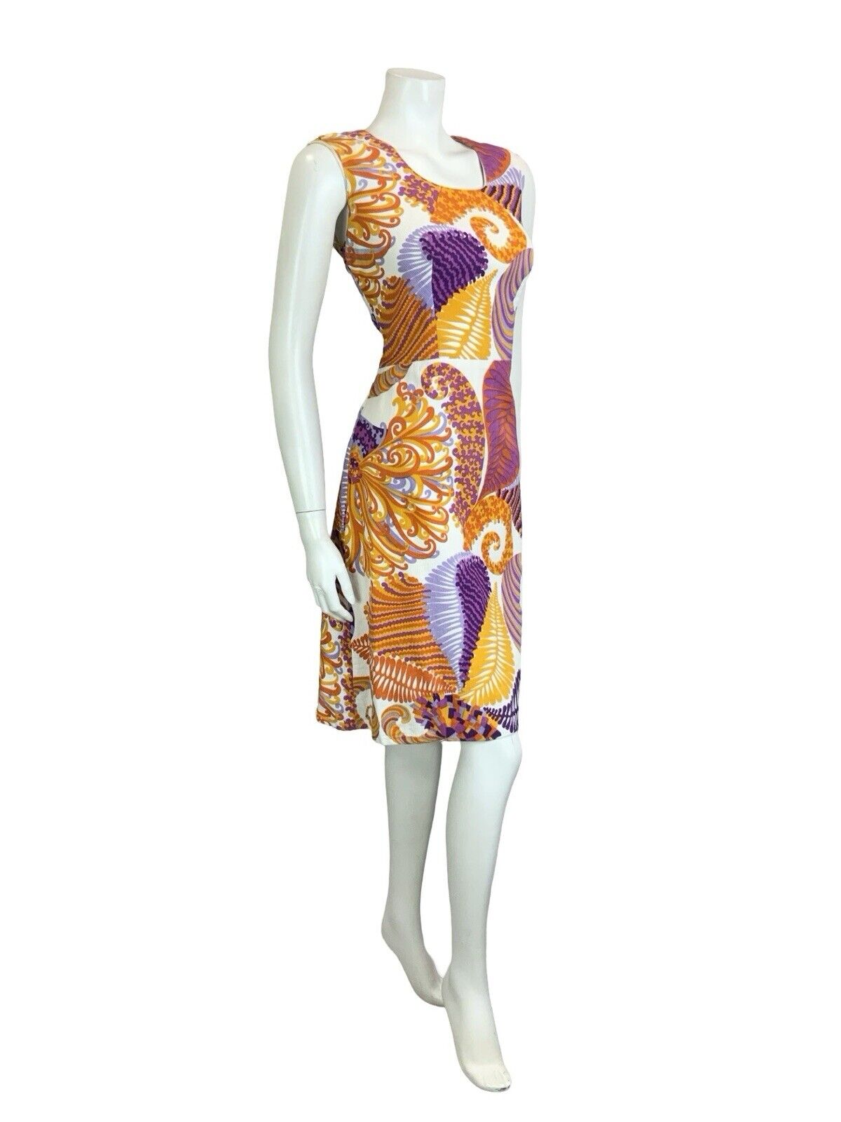 VTG 60S 70S WHITE ORANGE PURPLE FLORAL PSYCHEDELIC LEAF SLEEVELESS MINI DRESS 10