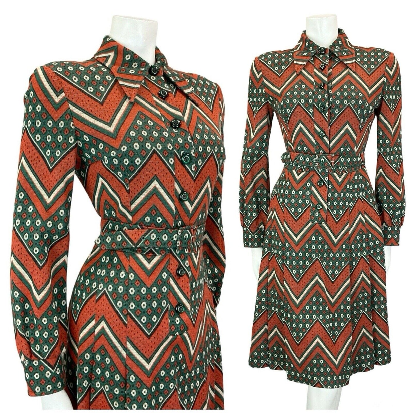 VTG 70S RED BROWN CREAM DAGGER COLLAR CHEVRON GEOMETRIC BELTED SHIRT DRESS 8