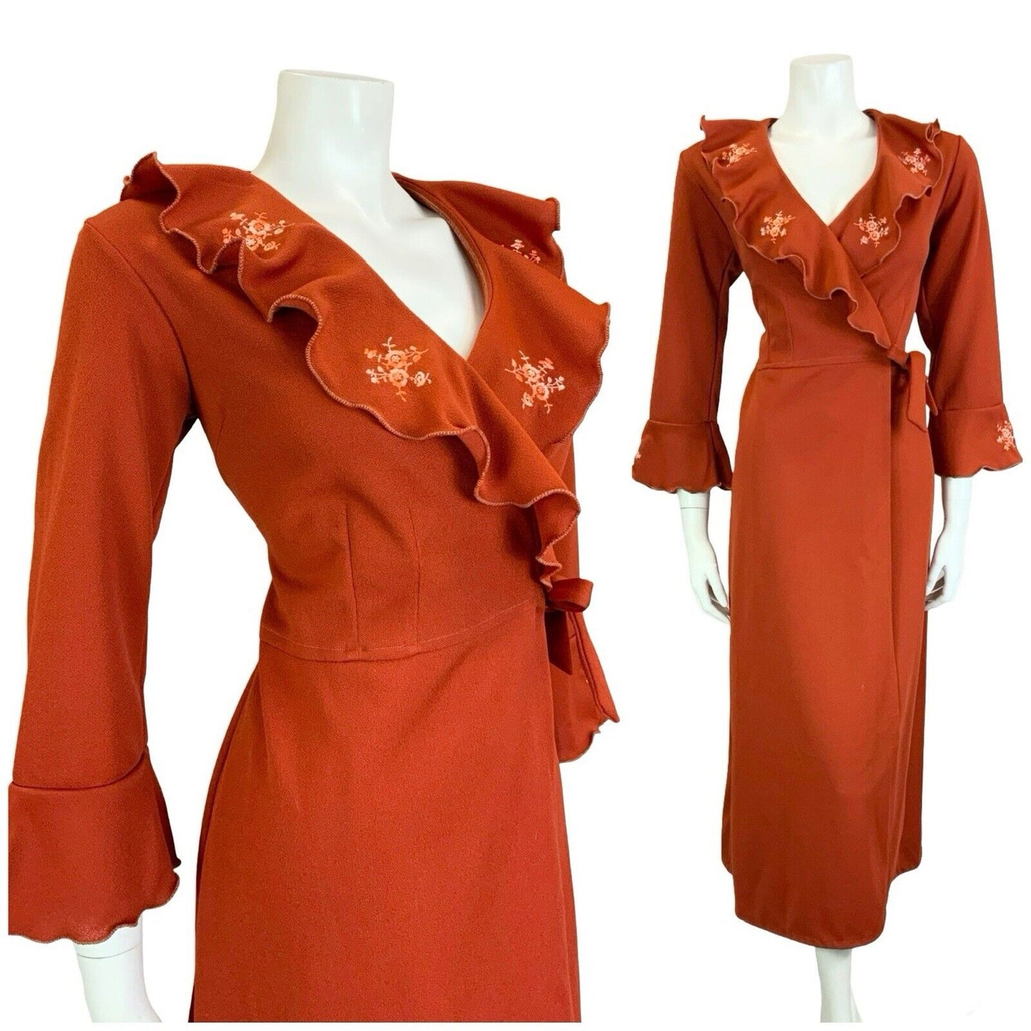 VTG 70S BOHO RUSTY RED PINK FLORAL EMBROIDERY RUFFLE WRAP MIDI DRESS S 8 10
