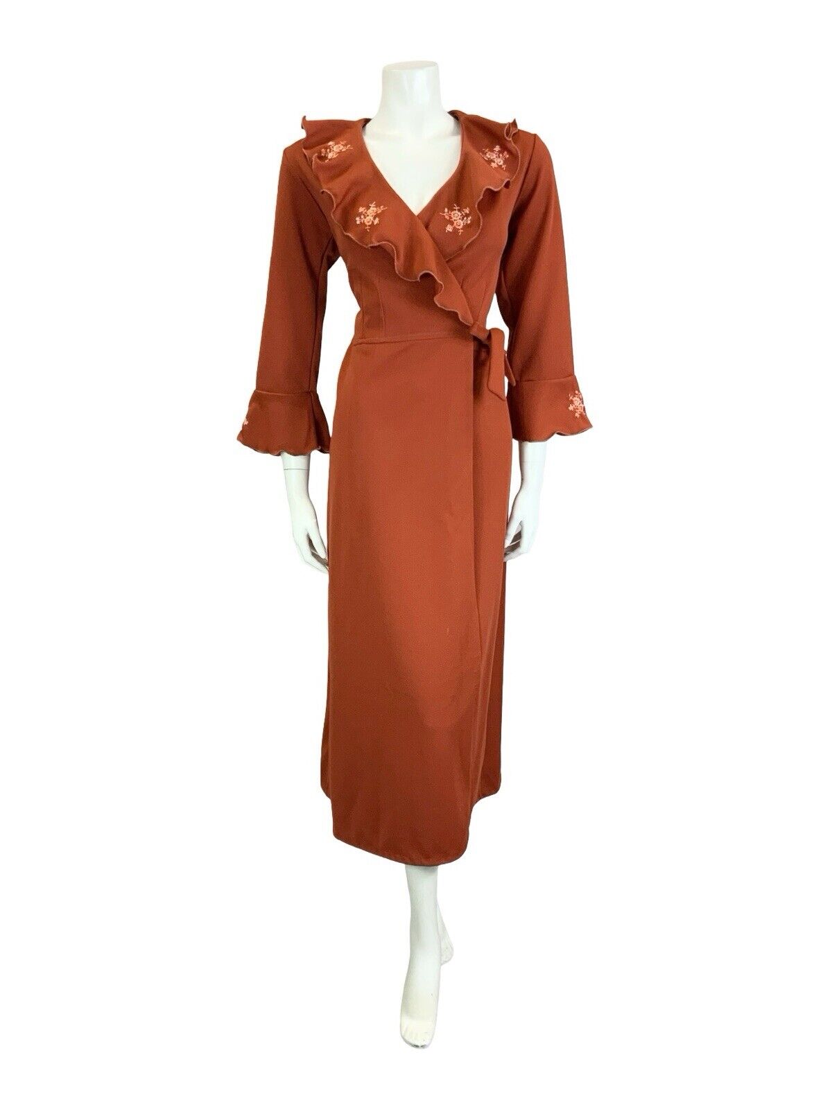 VTG 70S BOHO RUSTY RED PINK FLORAL EMBROIDERY RUFFLE WRAP MIDI DRESS S 8 10