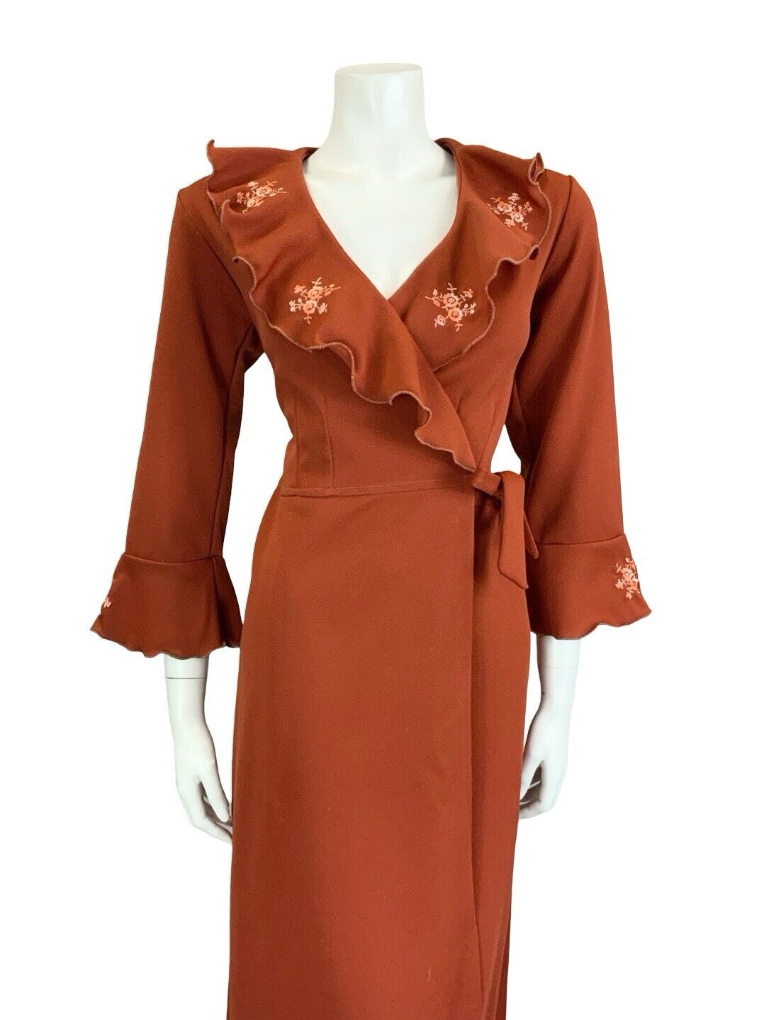 VTG 70S BOHO RUSTY RED PINK FLORAL EMBROIDERY RUFFLE WRAP MIDI DRESS S 8 10