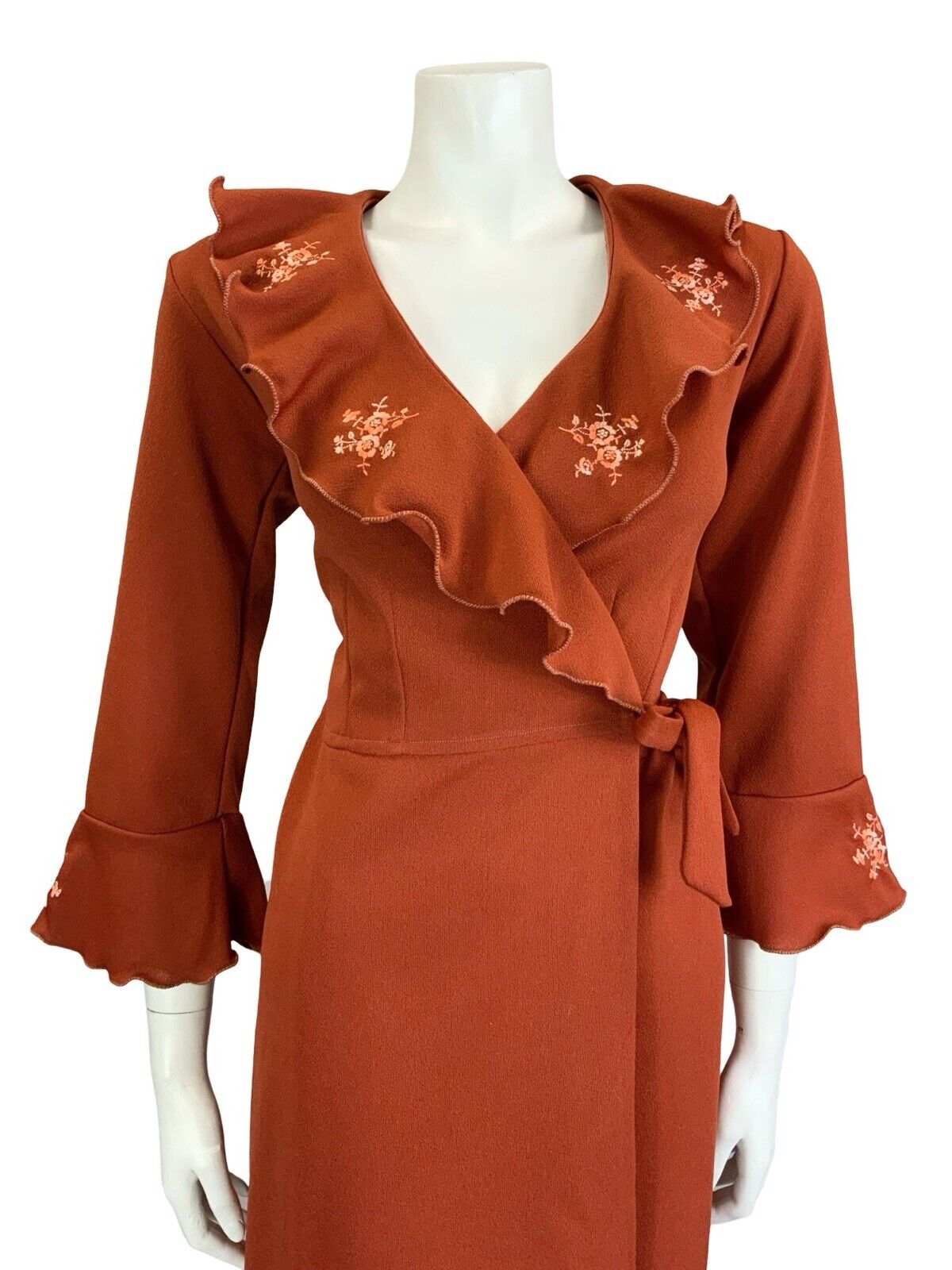 VTG 70S BOHO RUSTY RED PINK FLORAL EMBROIDERY RUFFLE WRAP MIDI DRESS S 8 10