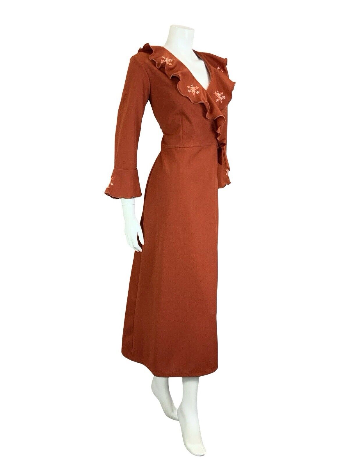 VTG 70S BOHO RUSTY RED PINK FLORAL EMBROIDERY RUFFLE WRAP MIDI DRESS S 8 10
