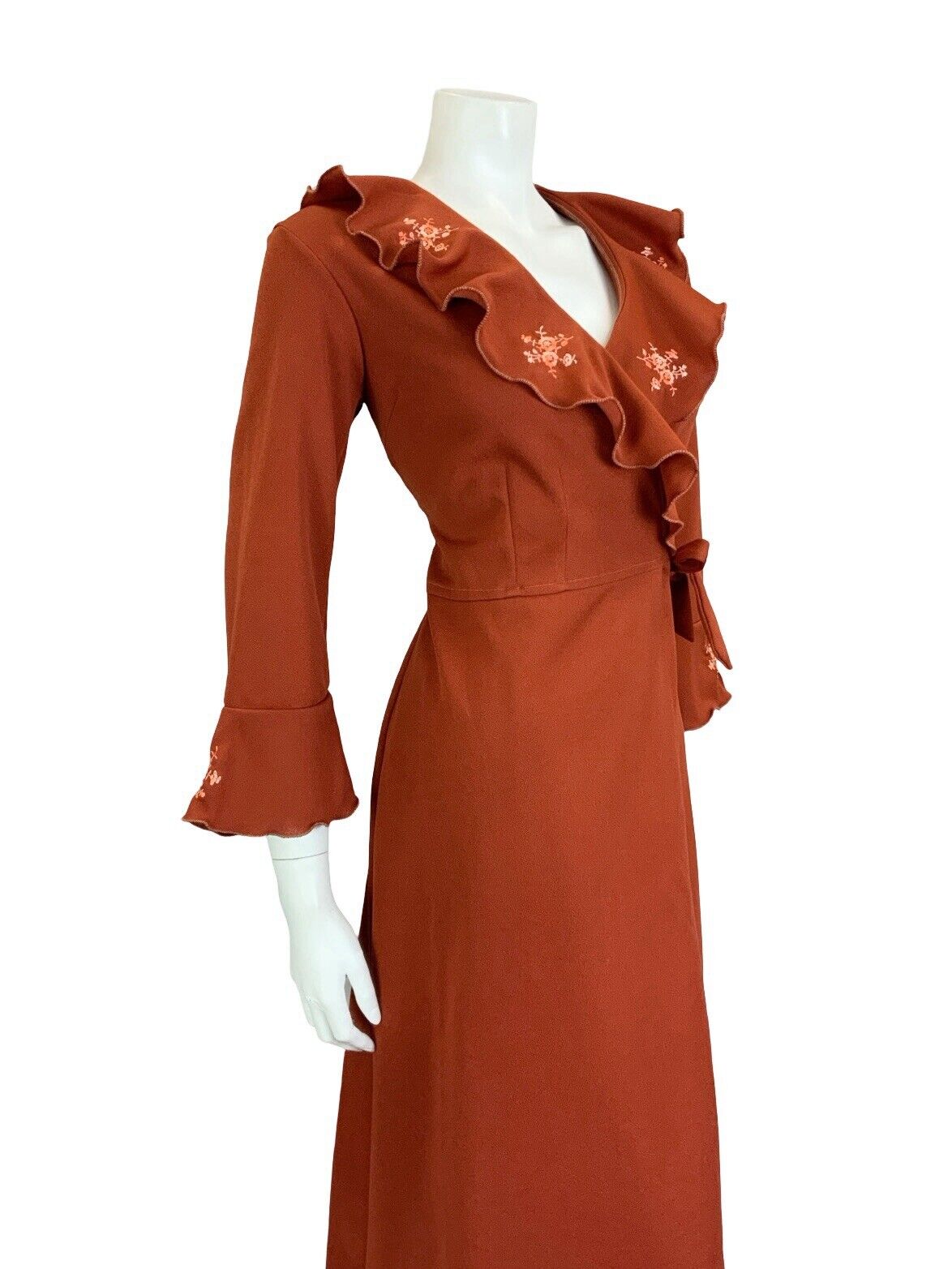 VTG 70S BOHO RUSTY RED PINK FLORAL EMBROIDERY RUFFLE WRAP MIDI DRESS S 8 10