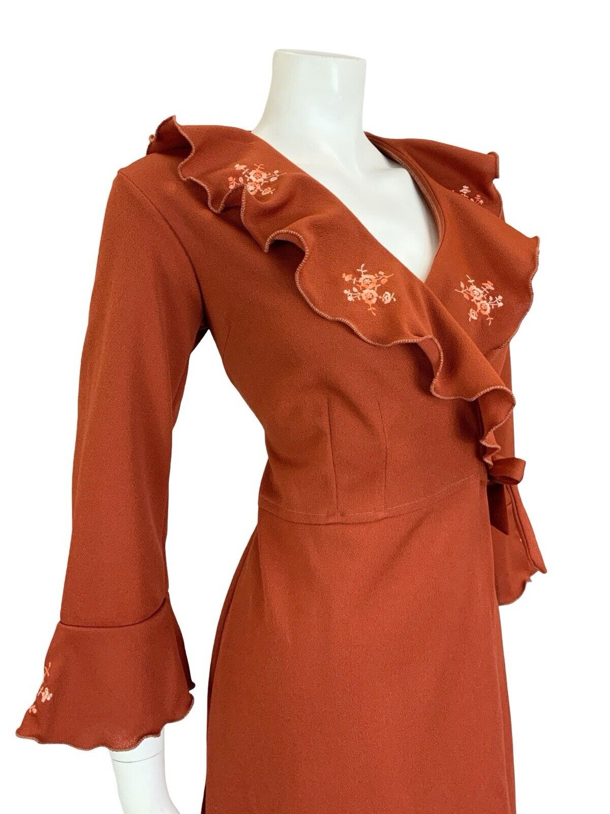 VTG 70S BOHO RUSTY RED PINK FLORAL EMBROIDERY RUFFLE WRAP MIDI DRESS S 8 10