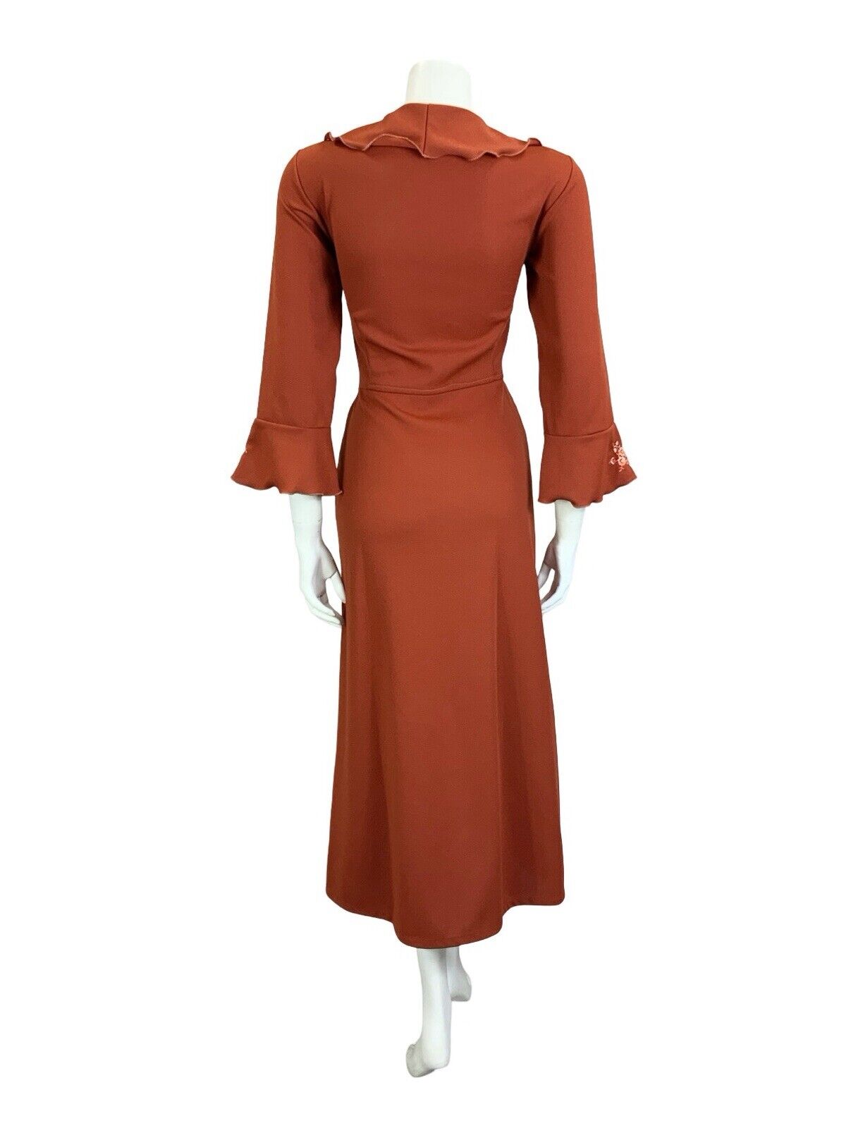 VTG 70S BOHO RUSTY RED PINK FLORAL EMBROIDERY RUFFLE WRAP MIDI DRESS S 8 10