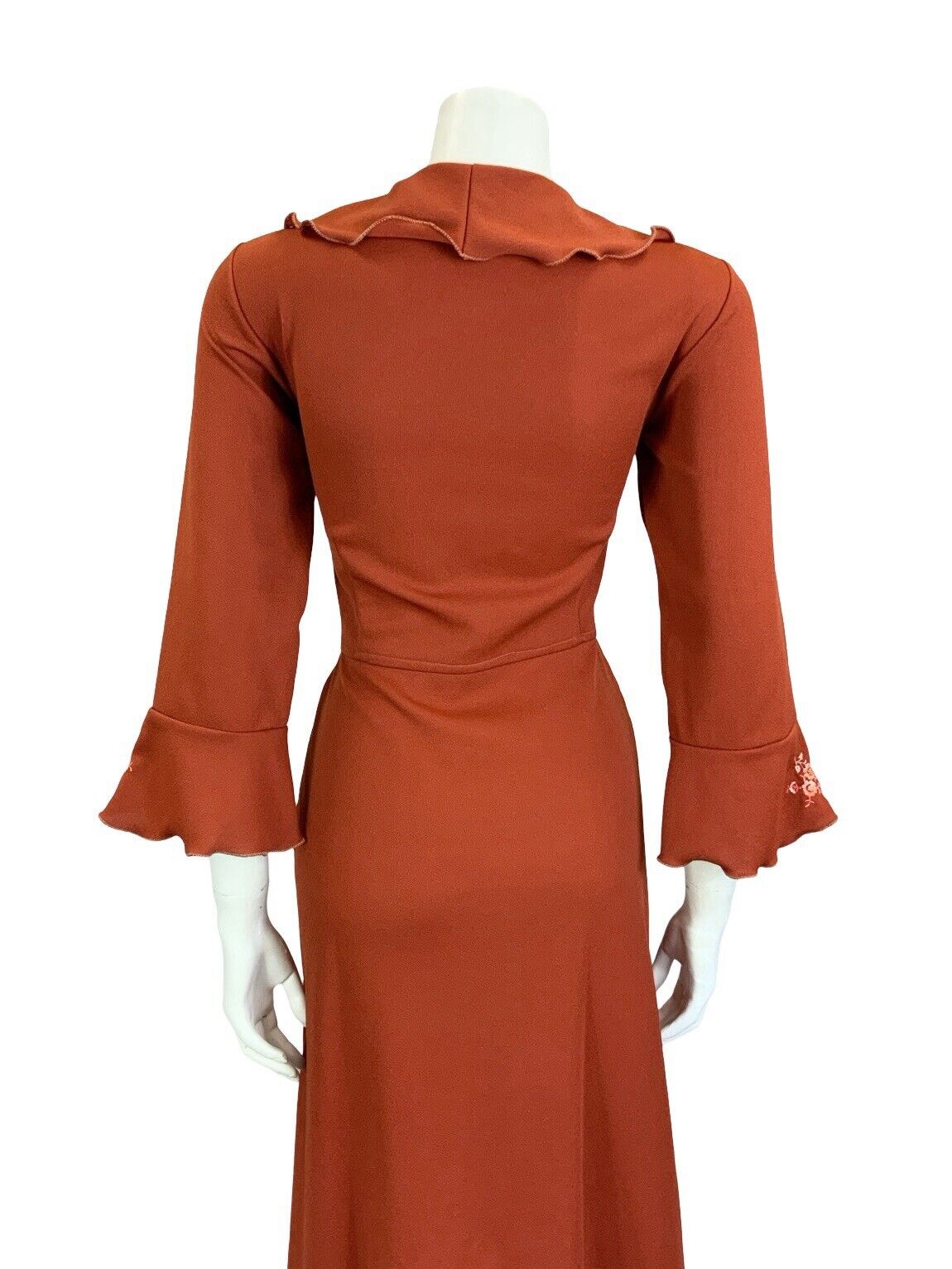VTG 70S BOHO RUSTY RED PINK FLORAL EMBROIDERY RUFFLE WRAP MIDI DRESS S 8 10