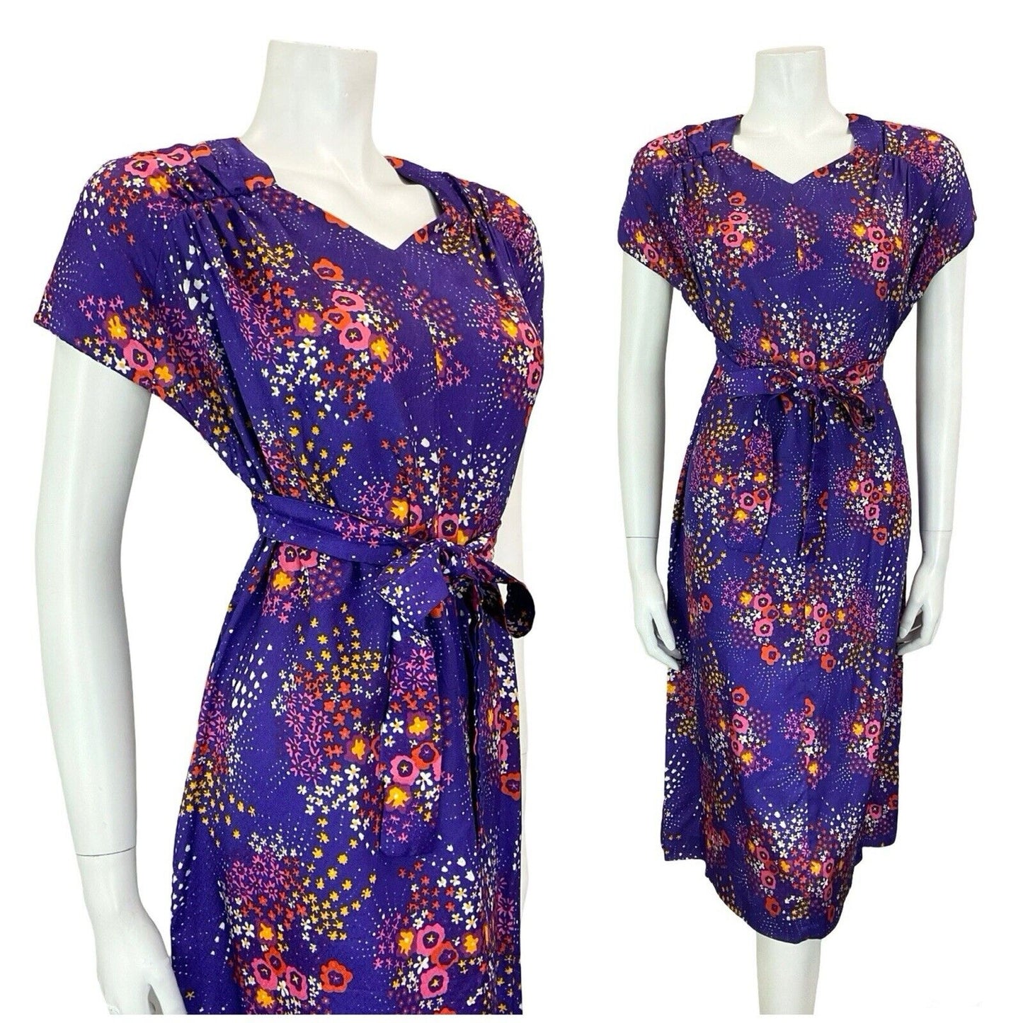 VTG 60S 70S PURPLE PINK RED YELLOW WHITE FLORAL SWEETHEART TIE MIDI DRESS S 8 10