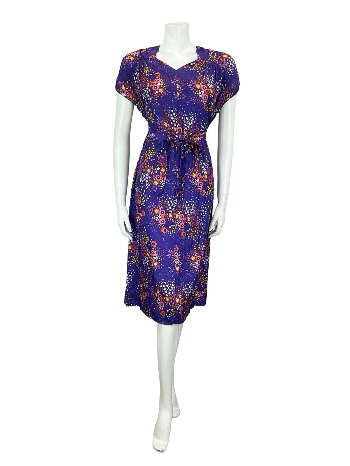 VTG 60S 70S PURPLE PINK RED YELLOW WHITE FLORAL SWEETHEART TIE MIDI DRESS S 8 10