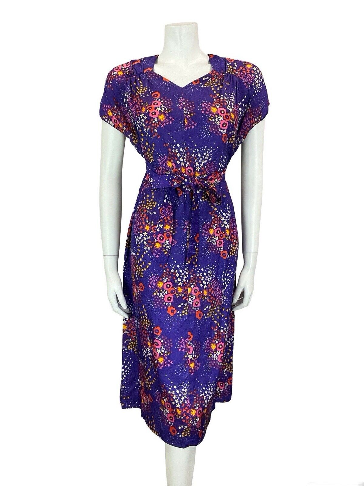VTG 60S 70S PURPLE PINK RED YELLOW WHITE FLORAL SWEETHEART TIE MIDI DRESS S 8 10