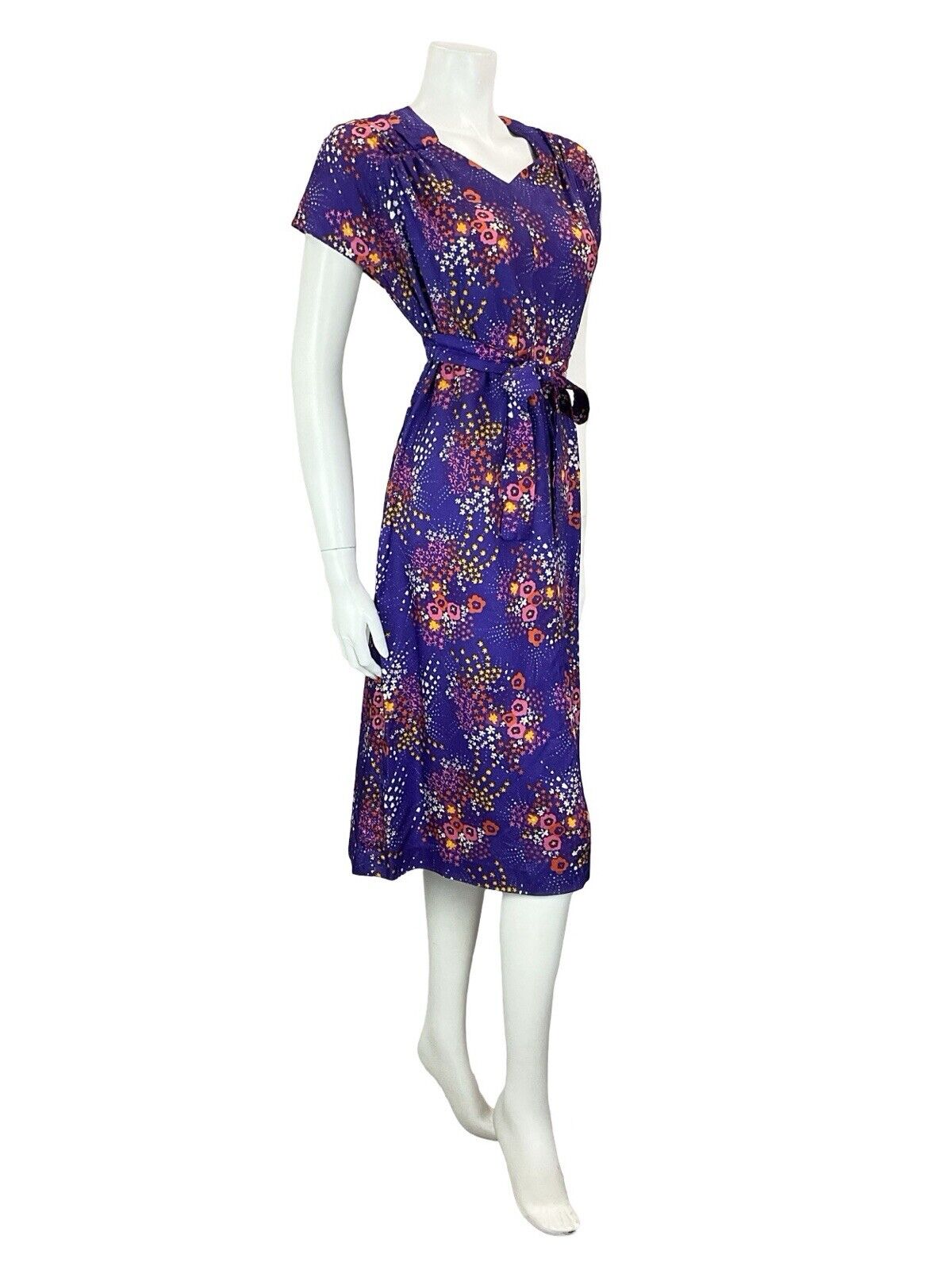 VTG 60S 70S PURPLE PINK RED YELLOW WHITE FLORAL SWEETHEART TIE MIDI DRESS S 8 10