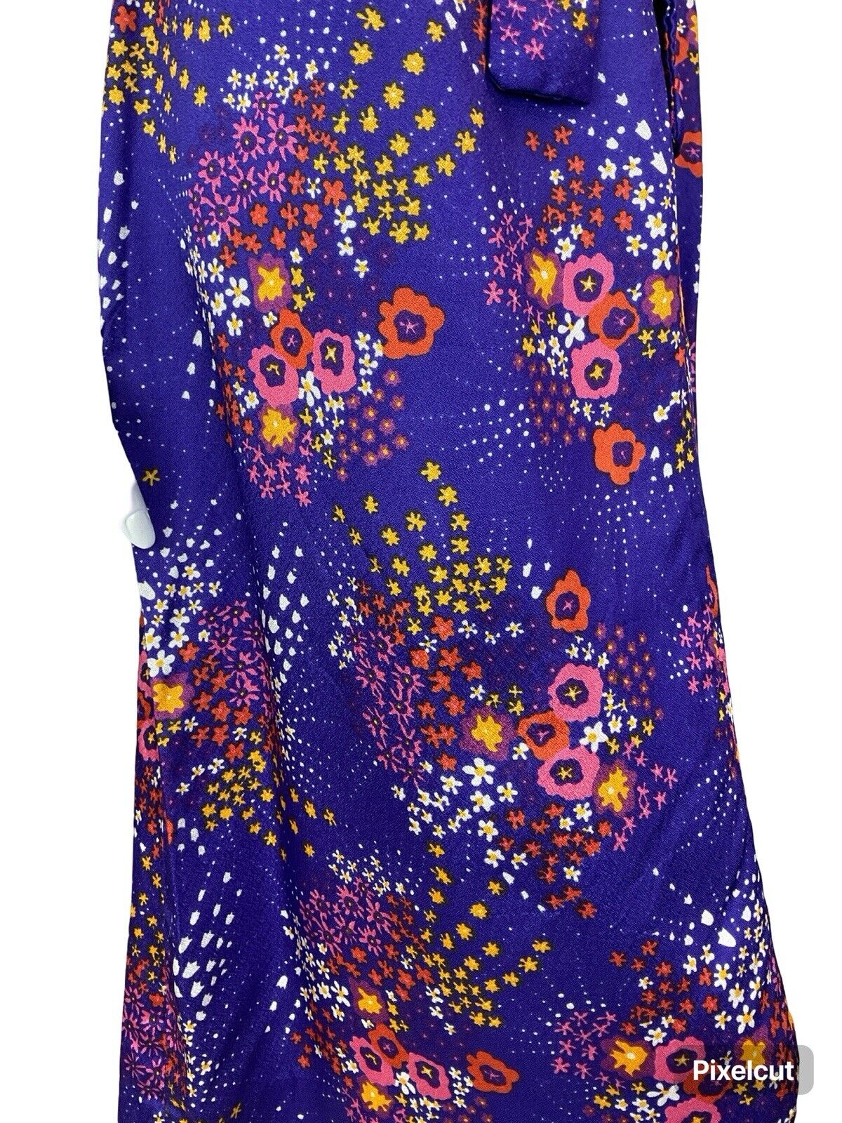 VTG 60S 70S PURPLE PINK RED YELLOW WHITE FLORAL SWEETHEART TIE MIDI DRESS S 8 10