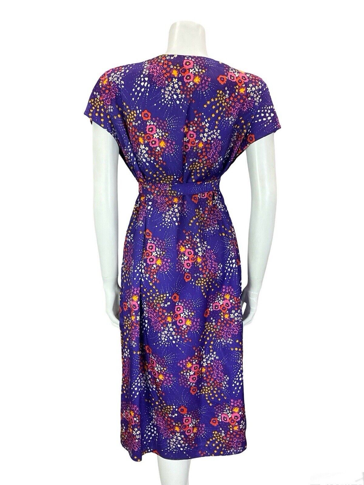 VTG 60S 70S PURPLE PINK RED YELLOW WHITE FLORAL SWEETHEART TIE MIDI DRESS S 8 10