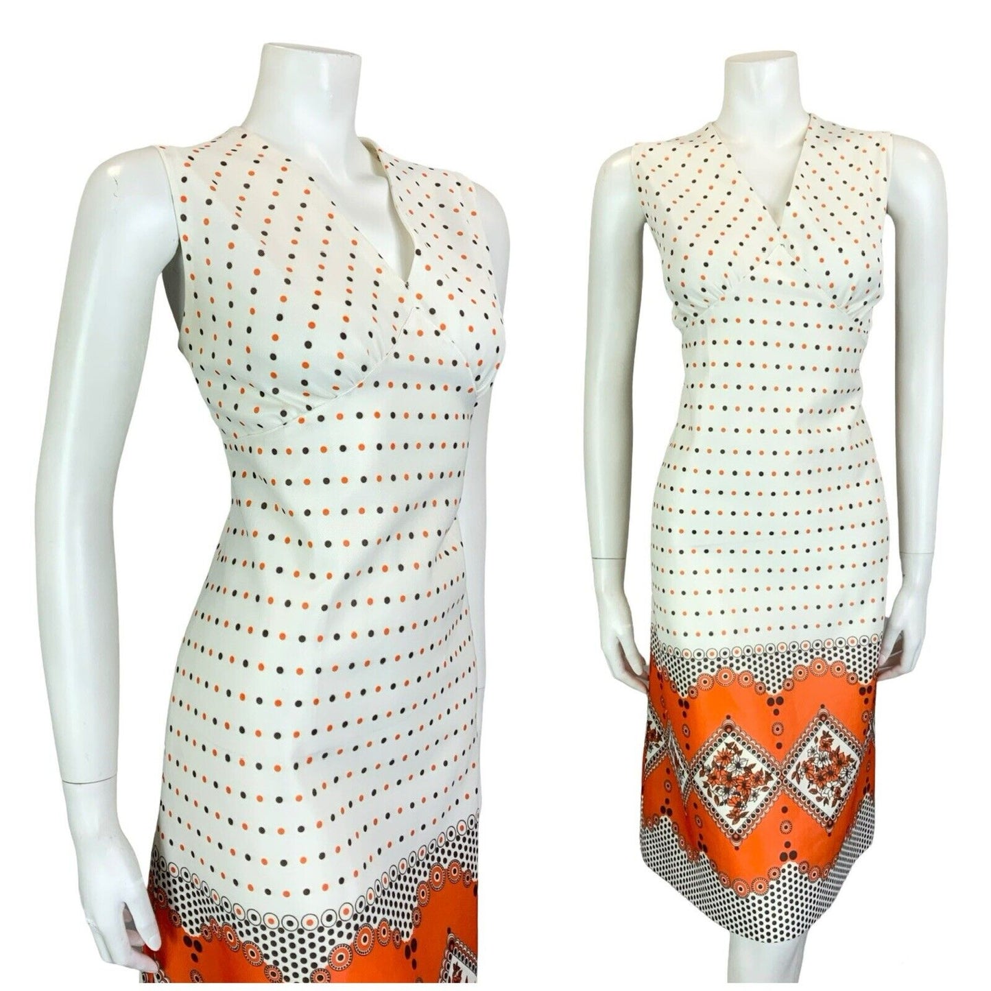 VTG 60S 70S WHITE ORANGE BROWN GEOMETRIC POLKA DOT FLORAL V NECK MIDI DRESS 12