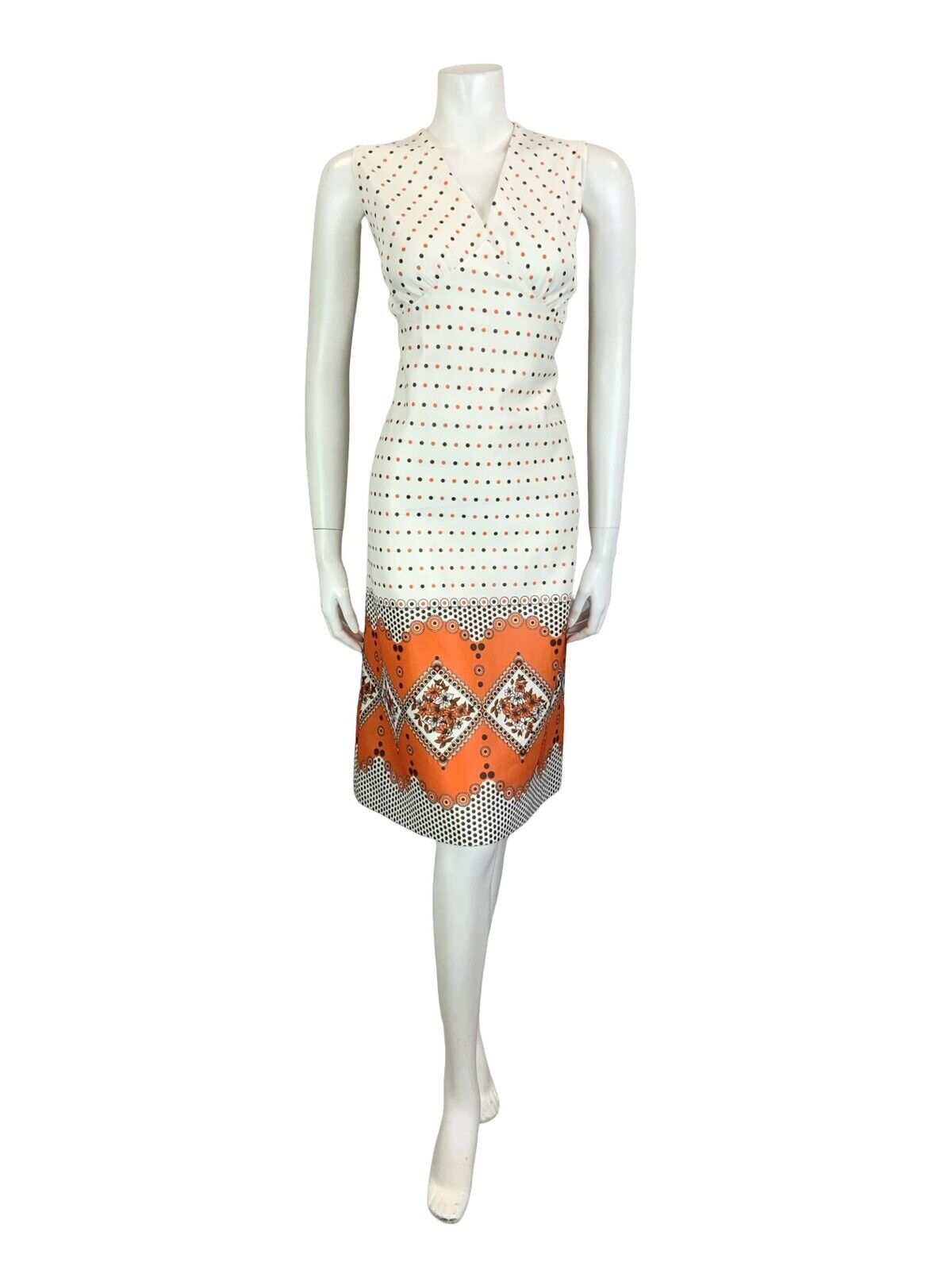 VTG 60S 70S WHITE ORANGE BROWN GEOMETRIC POLKA DOT FLORAL V NECK MIDI DRESS 12