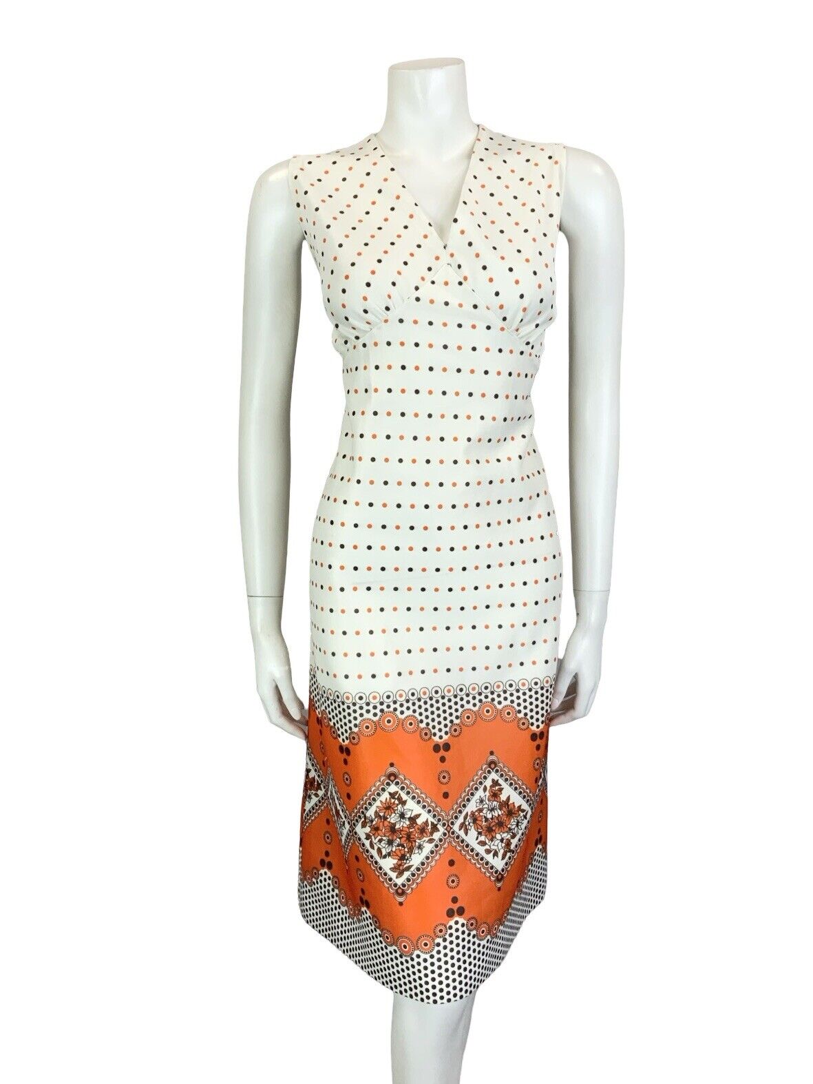 VTG 60S 70S WHITE ORANGE BROWN GEOMETRIC POLKA DOT FLORAL V NECK MIDI DRESS 12