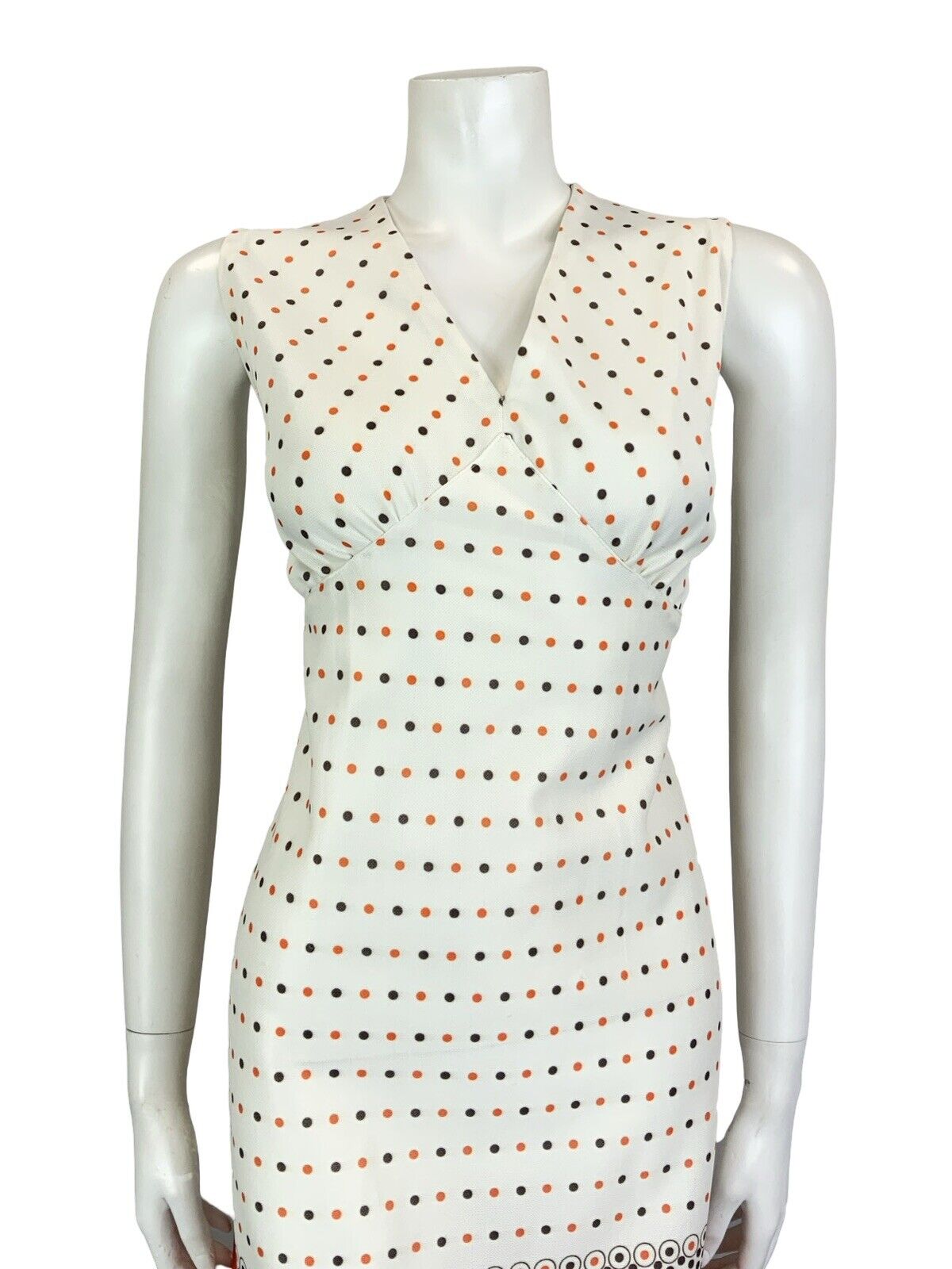 VTG 60S 70S WHITE ORANGE BROWN GEOMETRIC POLKA DOT FLORAL V NECK MIDI DRESS 12