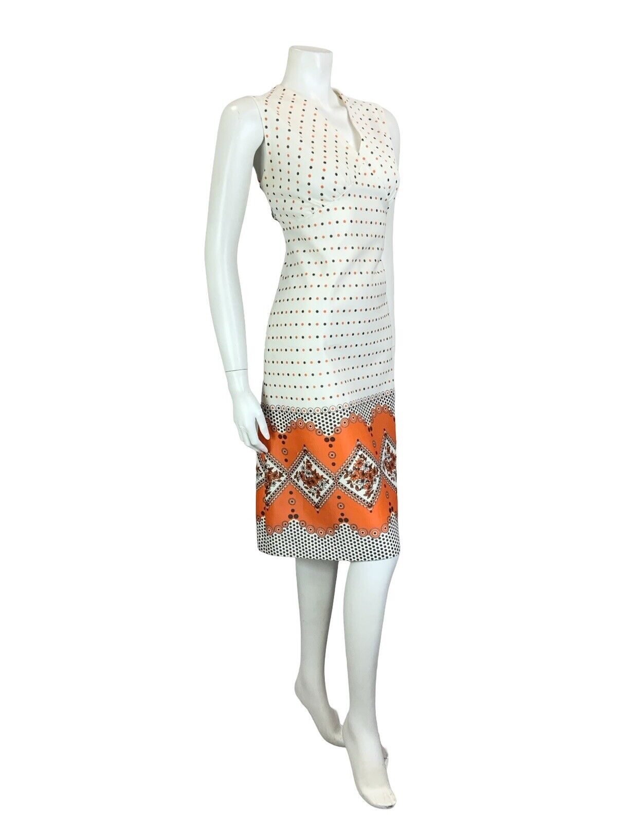 VTG 60S 70S WHITE ORANGE BROWN GEOMETRIC POLKA DOT FLORAL V NECK MIDI DRESS 12