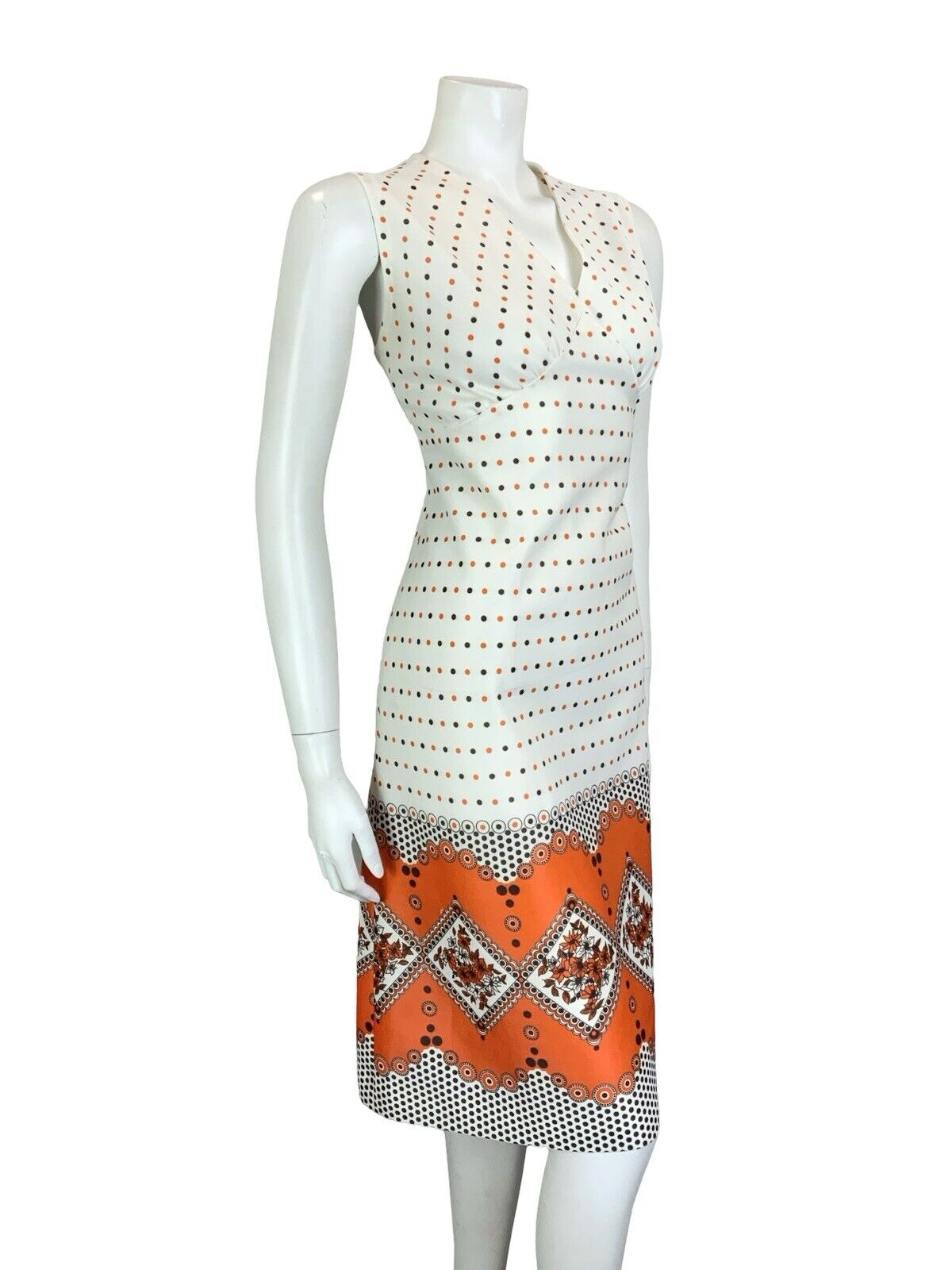 VTG 60S 70S WHITE ORANGE BROWN GEOMETRIC POLKA DOT FLORAL V NECK MIDI DRESS 12